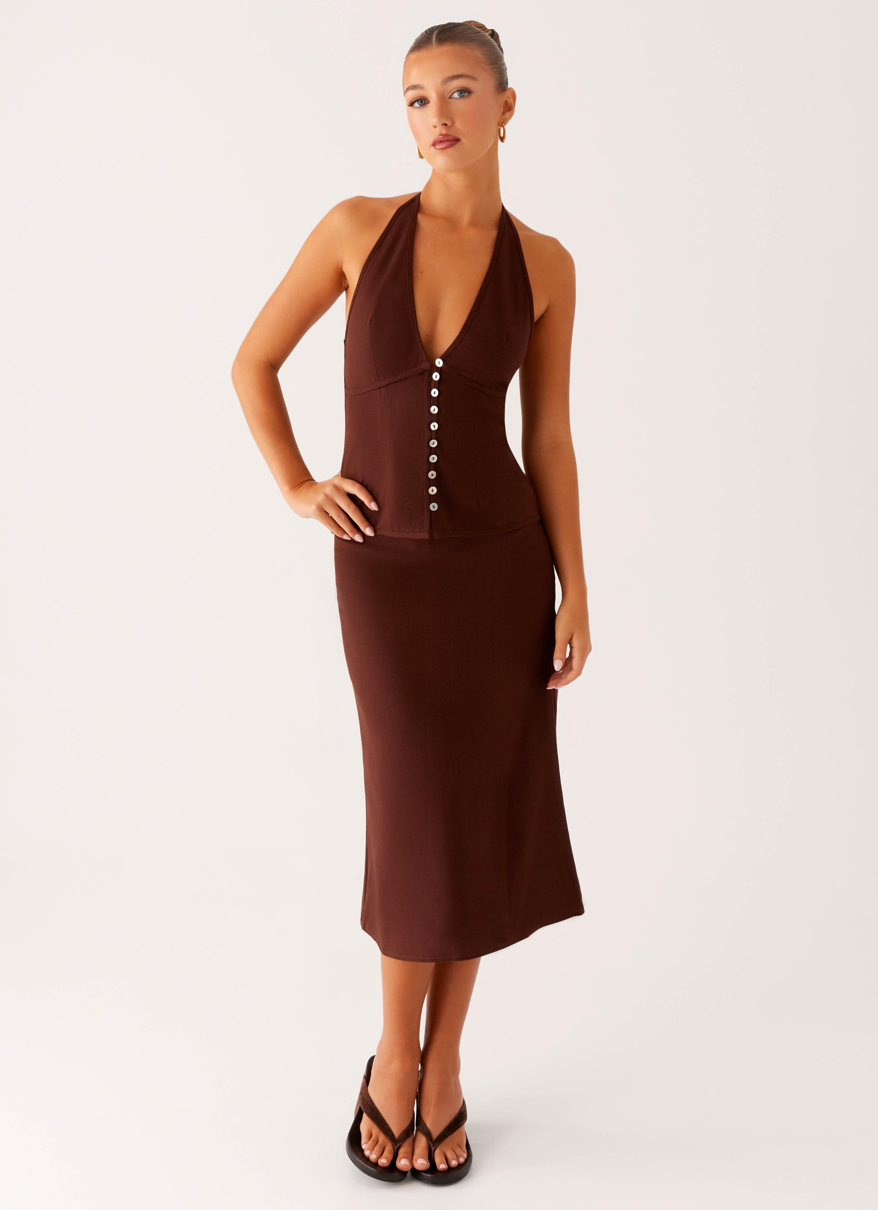 Esther Midi Skirt in Chocolate Brown - Elegant A-Line Flowy Skirt for Women | Perfect for Office, Date Night & Fall Outfits