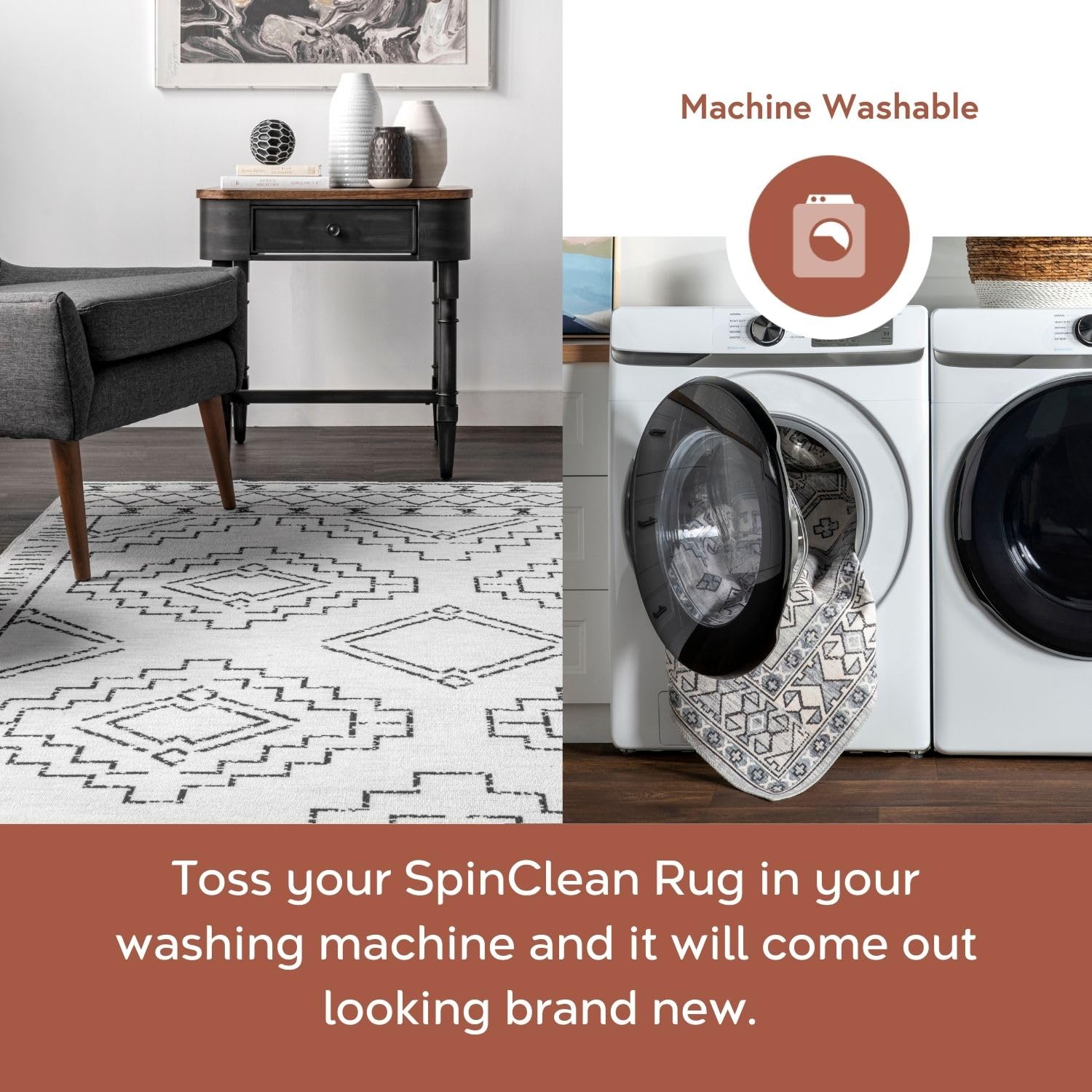 nuLOOM 8' Square SpinClean Machine Washable Stain-Resistant Non-Slip Area Rug - Perfect for Living Room, Bedroom & Dining Room - Noa White - Adds Comfort & Style to Home Decor