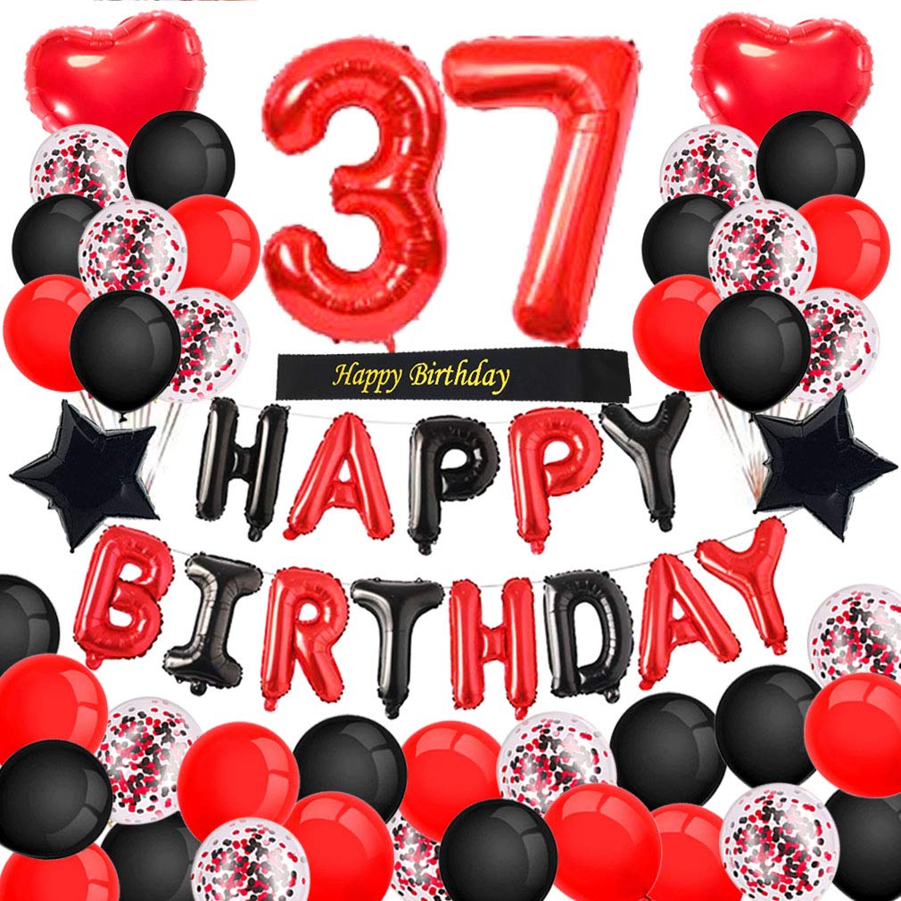 Minhero 37th Birthday Party Decorations - Red & Black Happy Birthday Banner, Number 37 Balloons, Sash with Latex & Confetti Balloons for Women's 37th or 73rd Birthday Celebration - Perfect for Adult Birthday Parties, Milestone Celebrations & Surprise Decorations