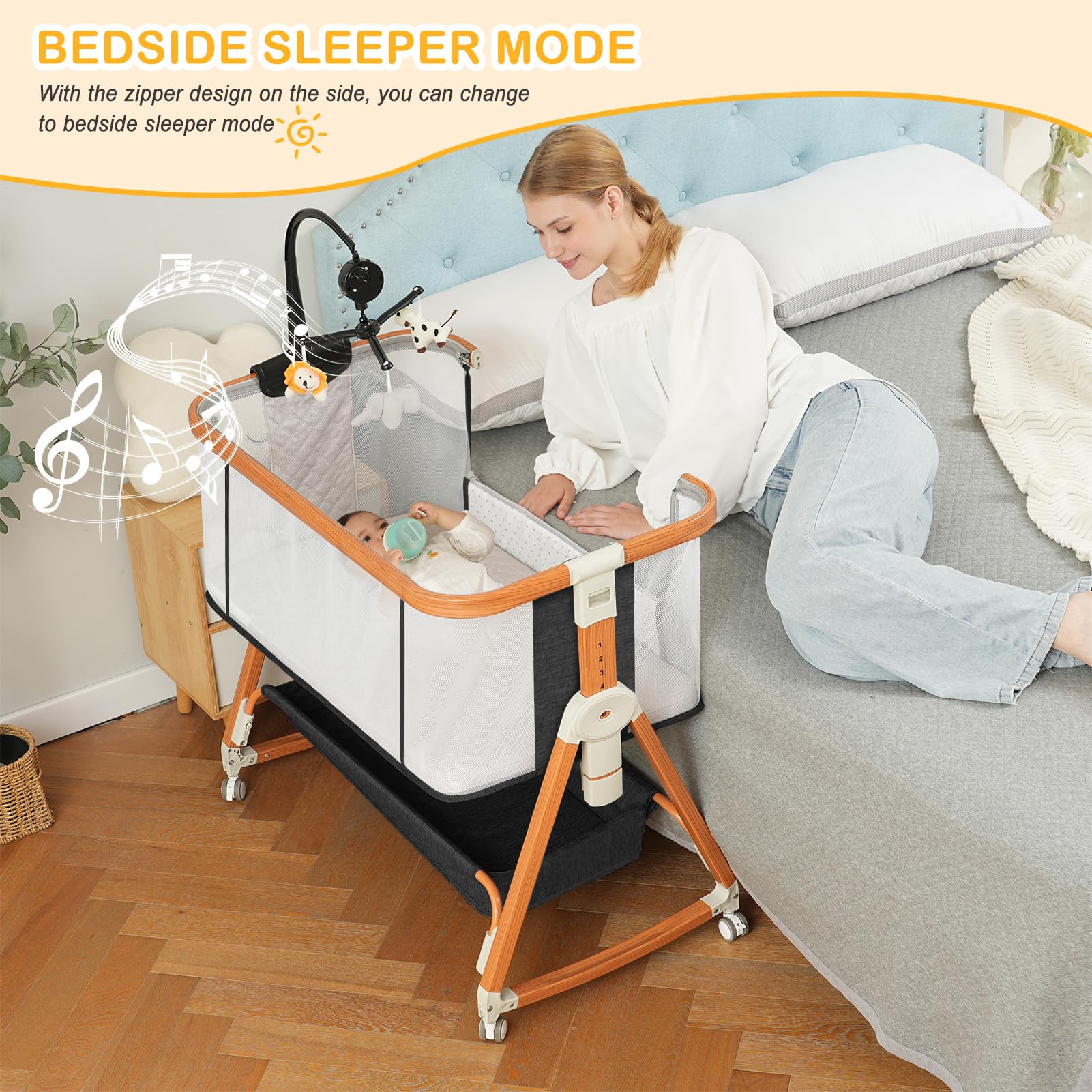 3-in-1 Adjustable Baby Bassinet Bedside Sleeper with Wheels, Storage Basket & Musical Toy - Breathable 4-Sided Mesh Crib for Newborns 0-6 Months (Black) | Perfect for Nursery, Bedroom Co-Sleeping & Late Night Feedings