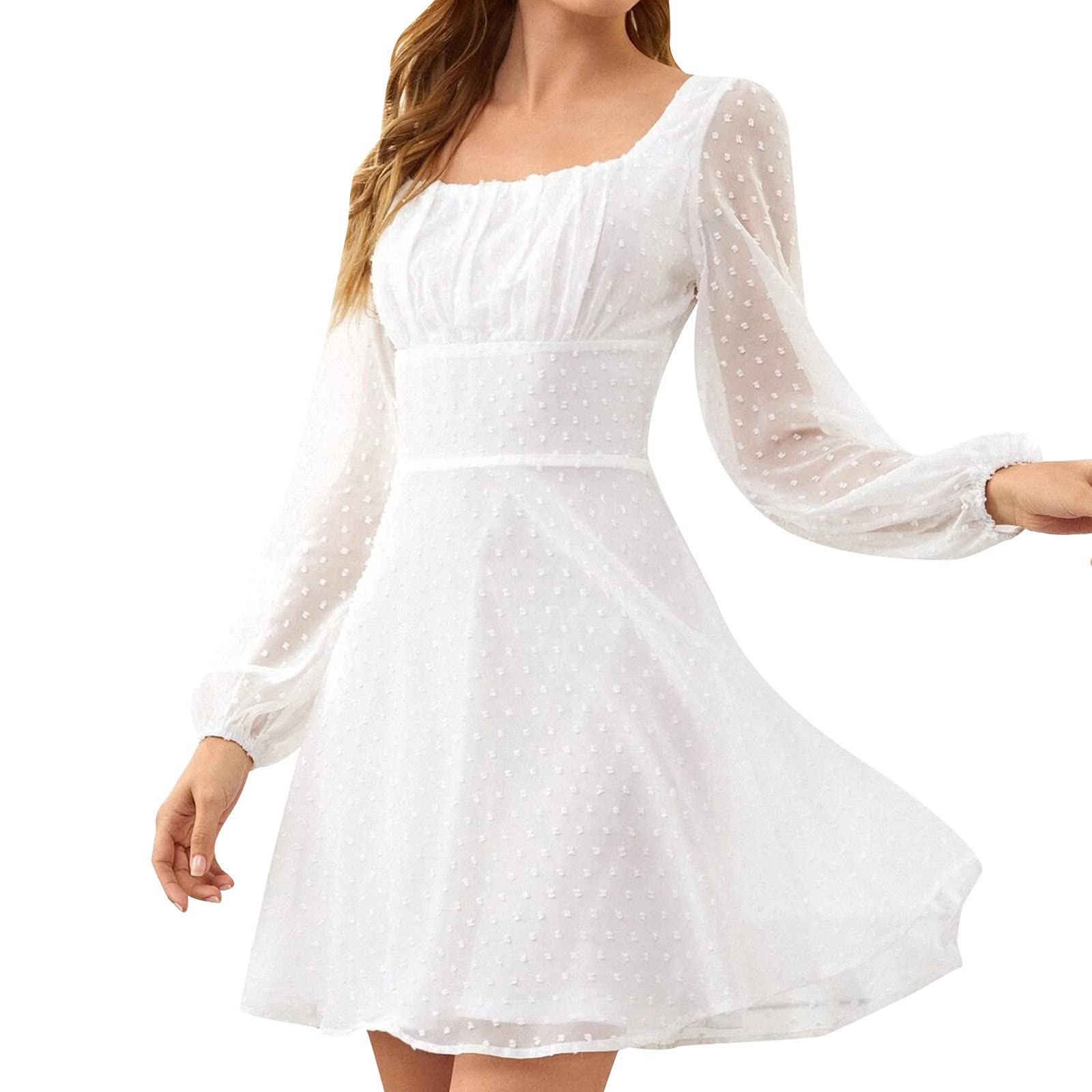 NaRHbrg Women's Swiss Dot Long Sleeve A-Line Chiffon Dress - Flowy Casual Loose Fit Mini Dress for Wedding Guest, Party, Date Night & Special Occasions