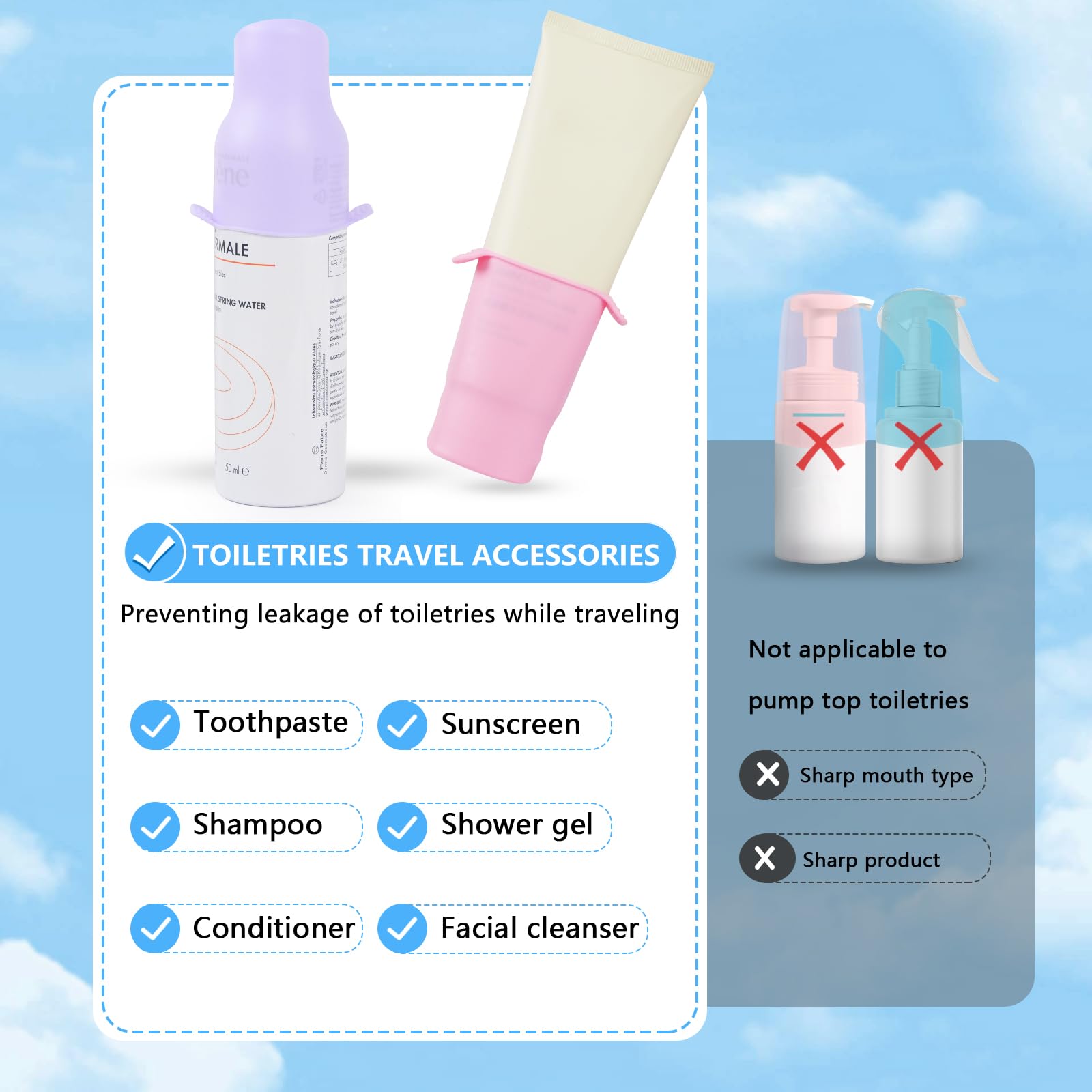 8 Pack Silicone Bottle Covers - Leak Proof Travel Toiletry Sleeves for Women | Cruise Essentials & Travel Accessories | Perfect for Airplane, Cruise Ship, and Gym Bag Organization