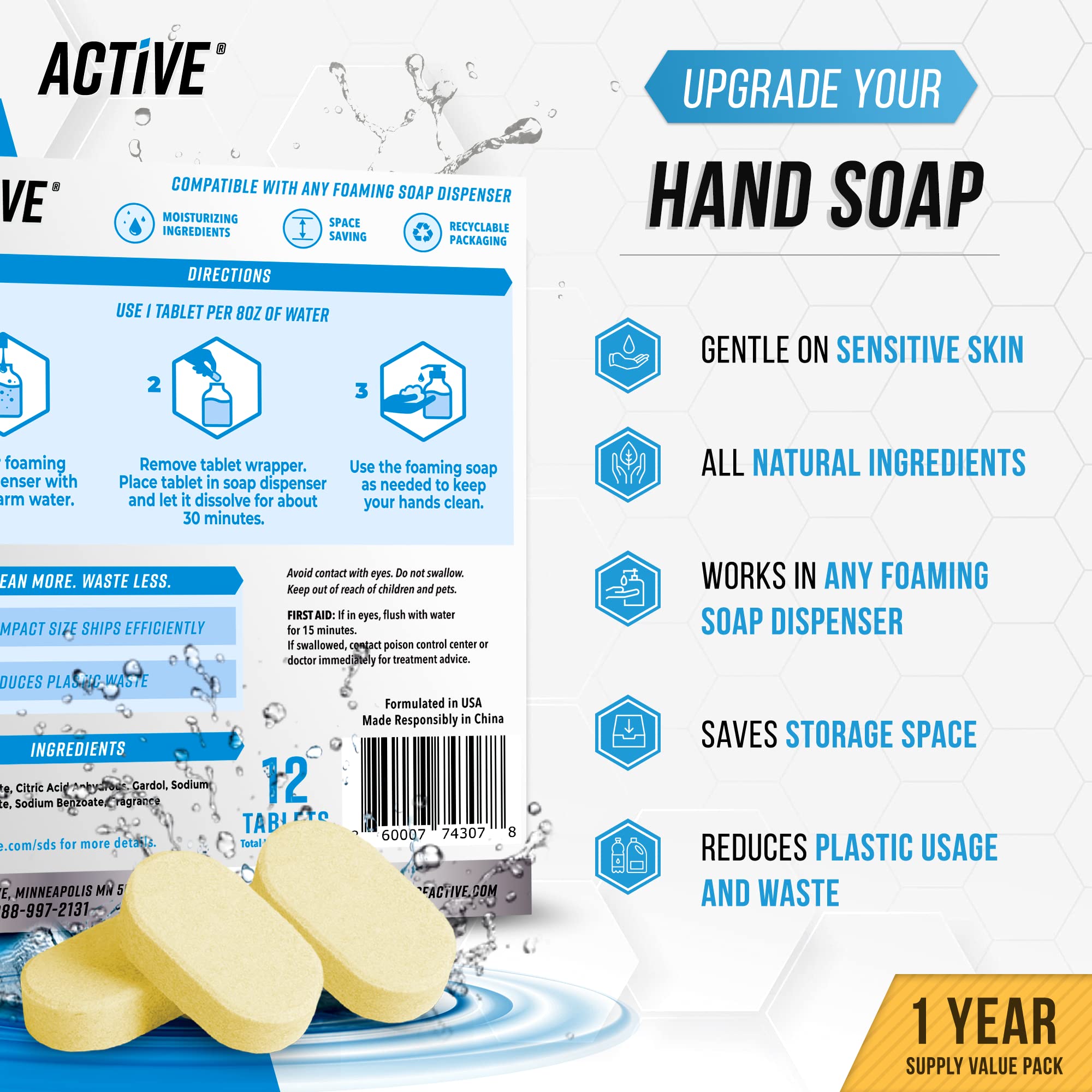ACTIVE Garbage Disposal Cleaning Tablets & Foaming Hand Soap Refill Tablets 36 Pack - 12 Month Supply, Eco-Friendly Sink & Hand Wash Solution - Freshen Disposer & Create Luxurious Foam Soap - Perfect for Kitchen & Bathroom Cleaning