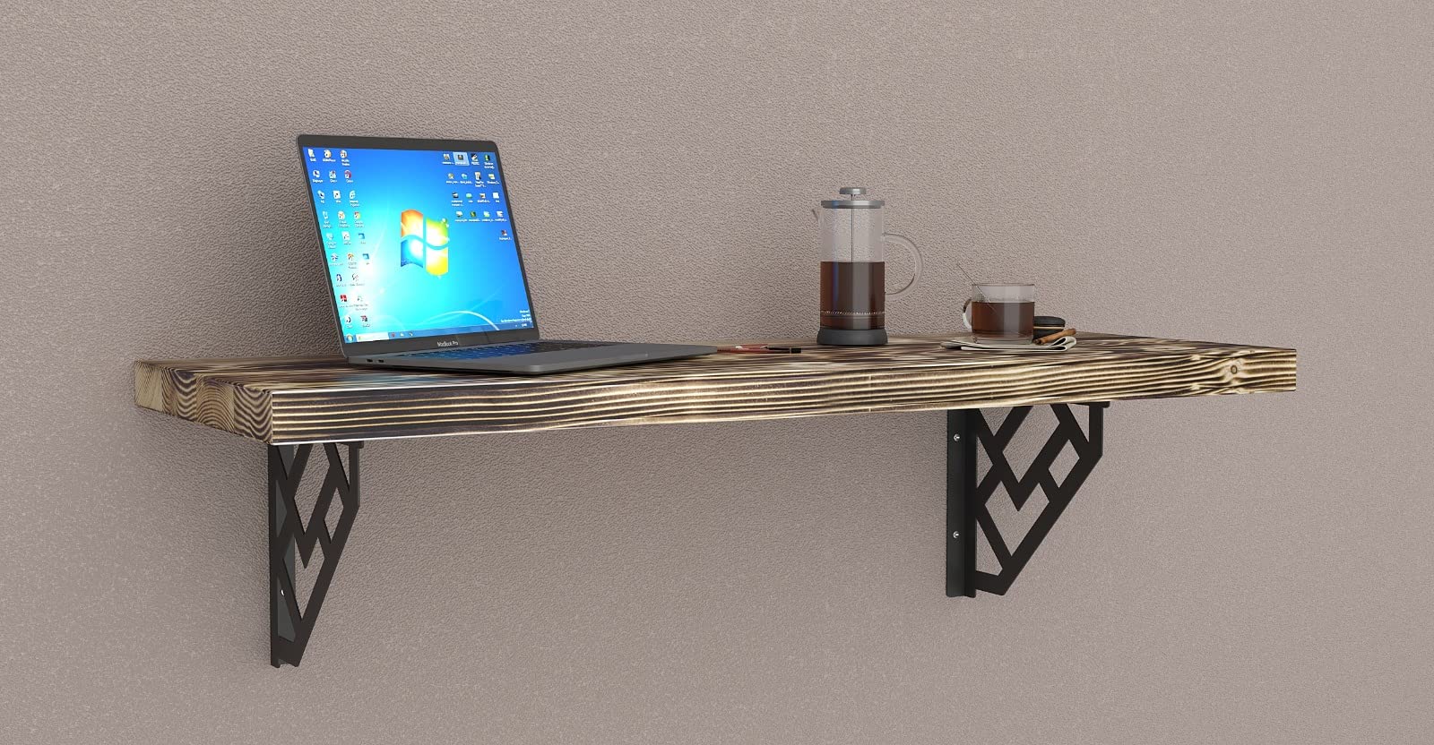 Rustic Burn 32x14 Inch Wall Mounted Desk Bar Table - Space Saving Kitchen Counter, Laundry Shelf, Computer Workbench & Dining Table for Small Spaces | Includes Free Spirit Level (Perfect for Apartments, Dorms & Home Offices)