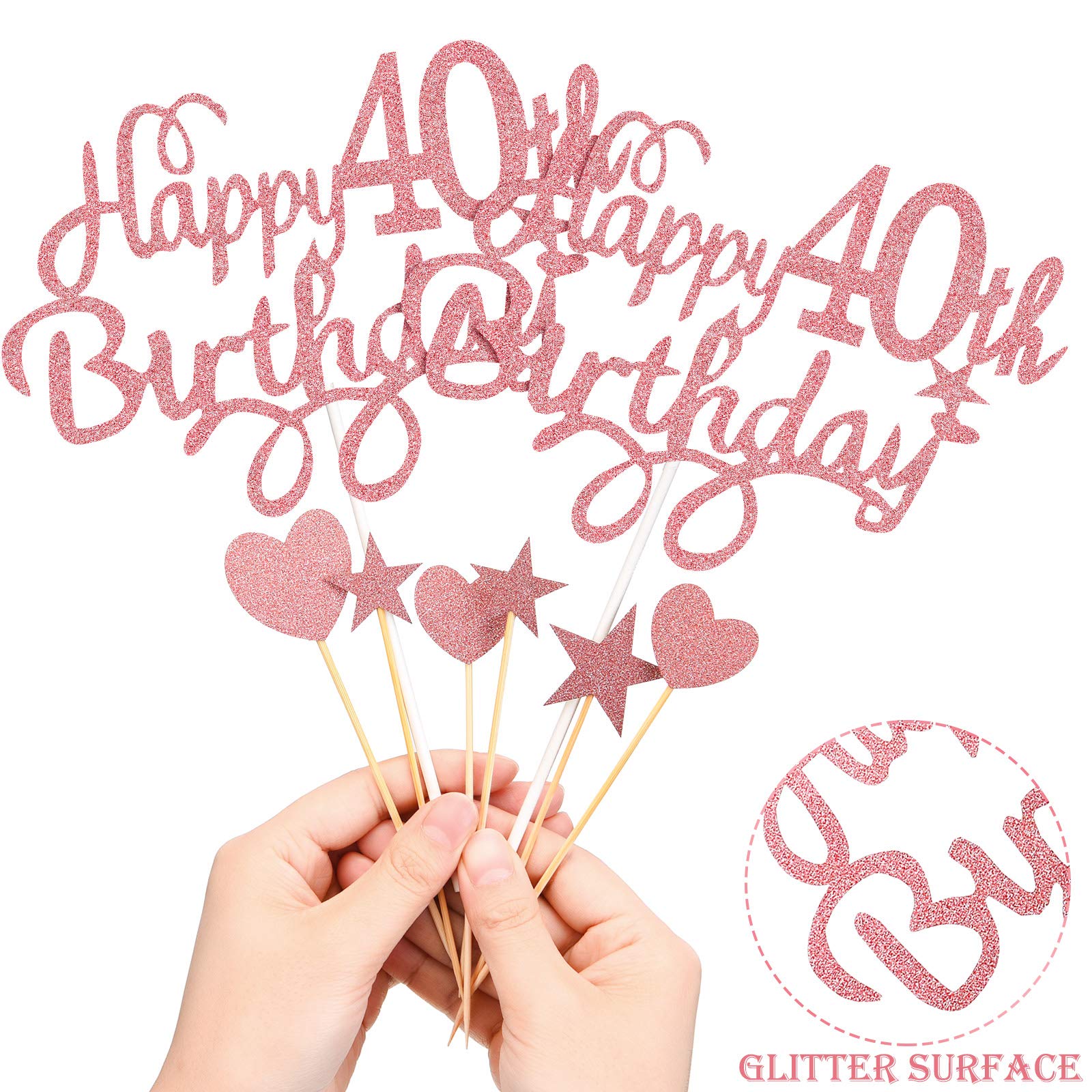 40th Birthday Cake Topper Set - Happy 40th Birthday Decorations with Heart & Star Cupcake Picks, Rose Gold Glitter Party Supplies | Perfect for Birthday Cakes, Cupcakes & Anniversary Celebrations