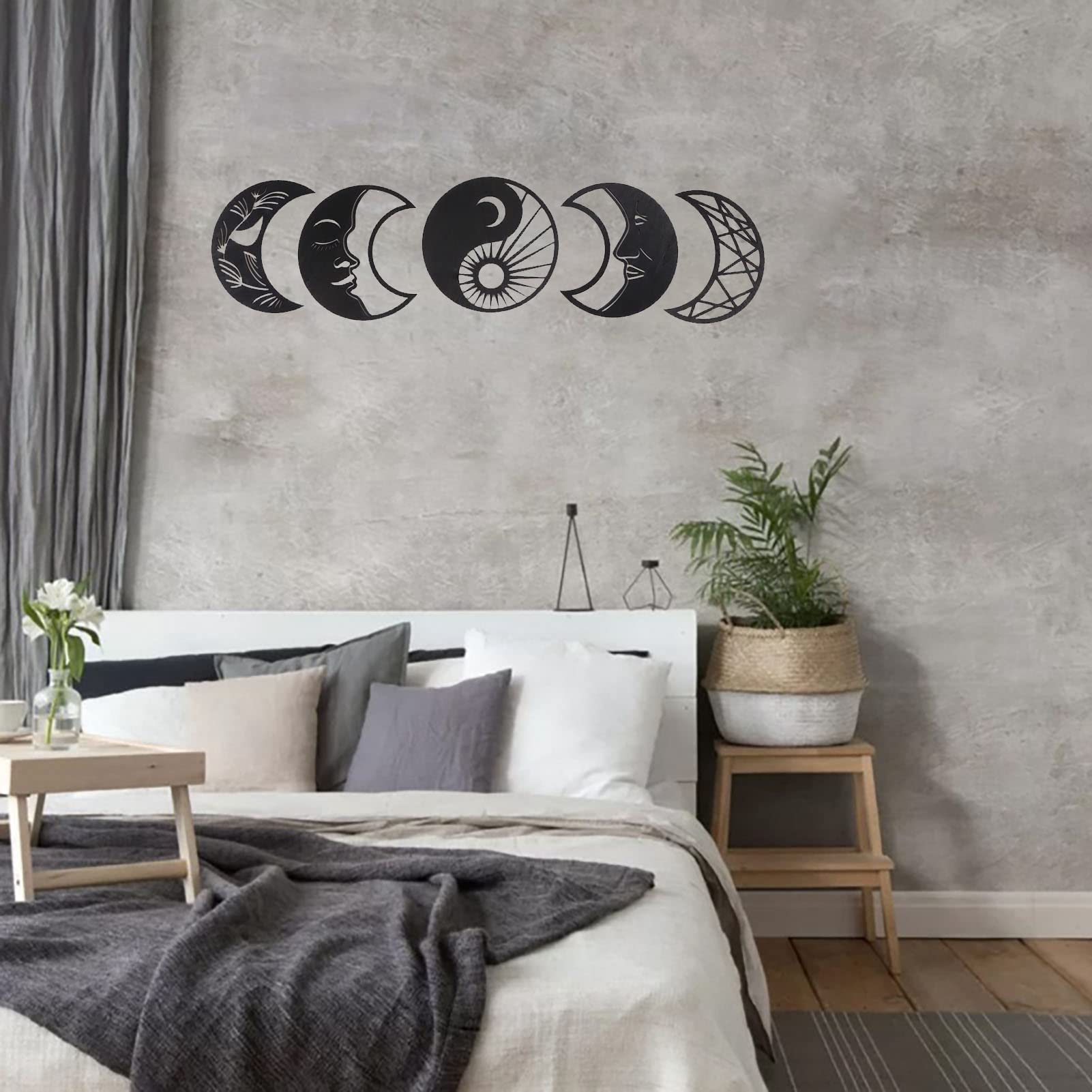 Moon Phase Wall Decor - 5pcs Wooden Nordic Wall Art for Bedroom & Living Room