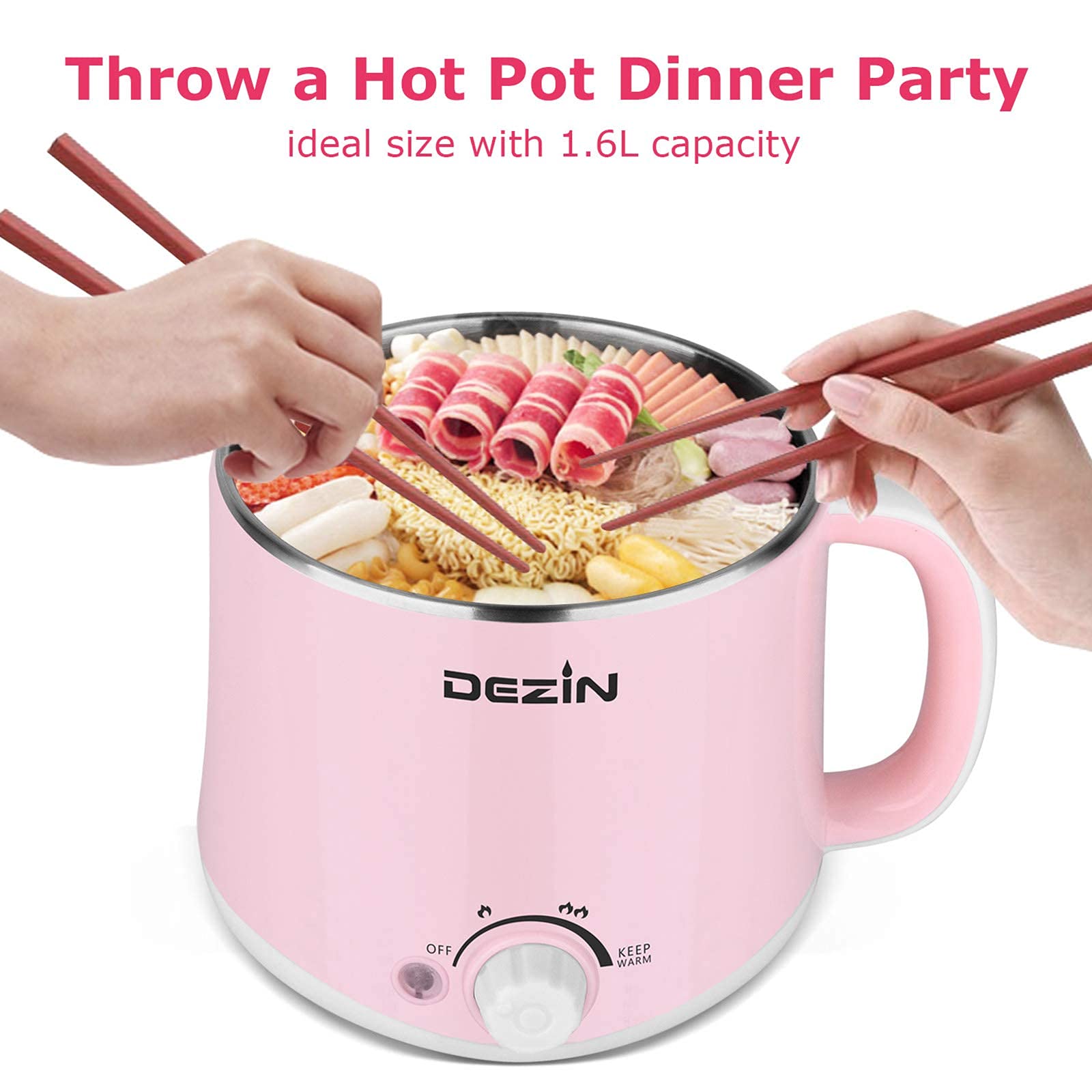 Dezin Electric Hot Pot 1.6L - Fast Noodle Cooker with Temperature Control & Keep Warm - Stainless Steel Multi-Cooker for Ramen, Pasta, Soup, Dumplings, Eggs, Oatmeal - Perfect for Dorm, Office, Camping & Small Kitchen Cooking