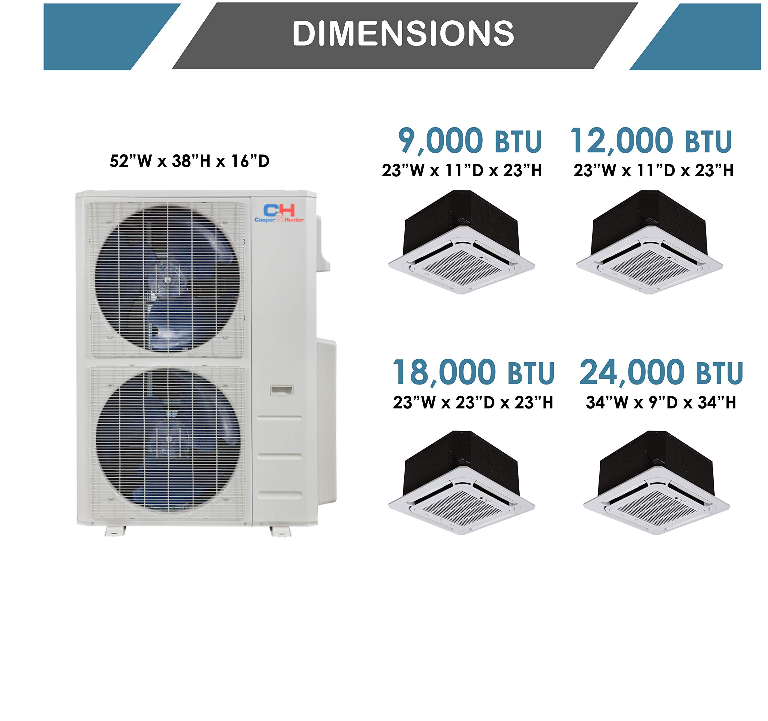 COOPER AND HUNTER 5-Zone Ductless Mini Split AC & Heat Pump Ceiling Cassette System - 9000 BTU - Perfect for Home, Office & Commercial Spaces