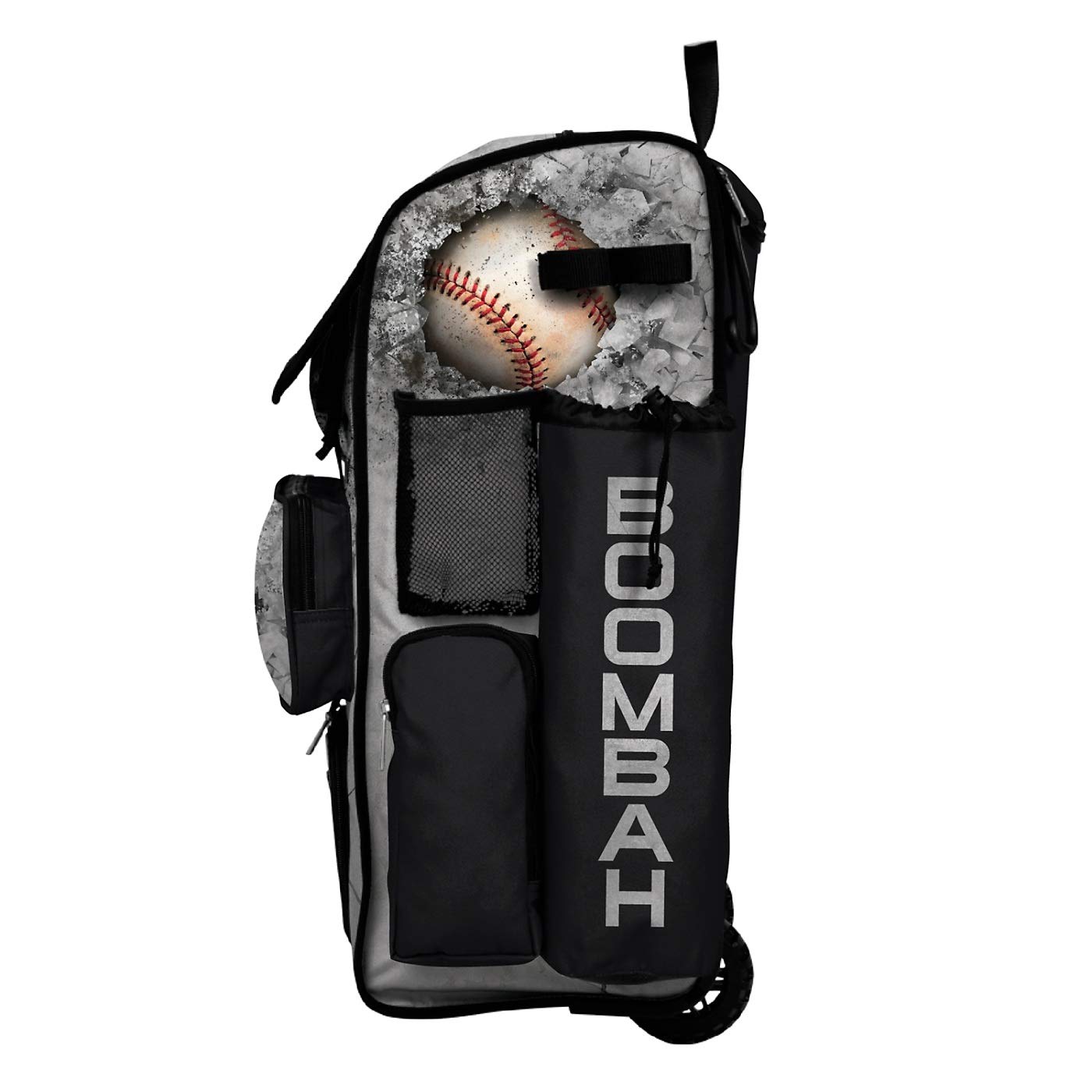 Boombah Rolling Superpack 2.0 Baseball Softball Gear Bag - 23.5 x 13.5 x 9.5 Inch Wheeled Duffel with Telescopic Handle - Holds 4 Bats - Crusher Black Gray - Perfect for Travel, Practice & Games