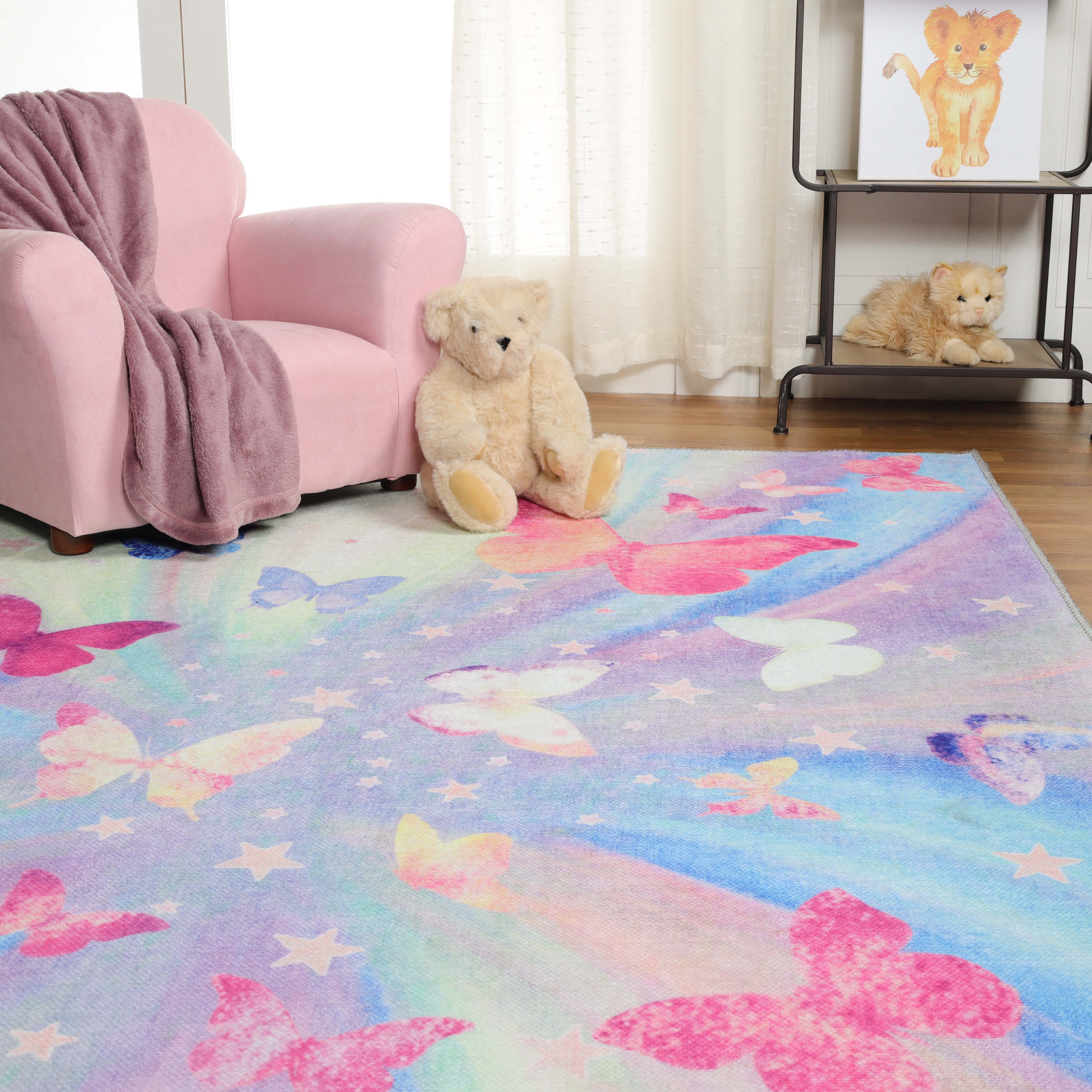 Non-Slip Butterfly Kids Playroom Rug - Washable Nursery Carpet for Toddlers & Children - Soft Indoor Floor Mat for Play Areas, Bedrooms & Daycare