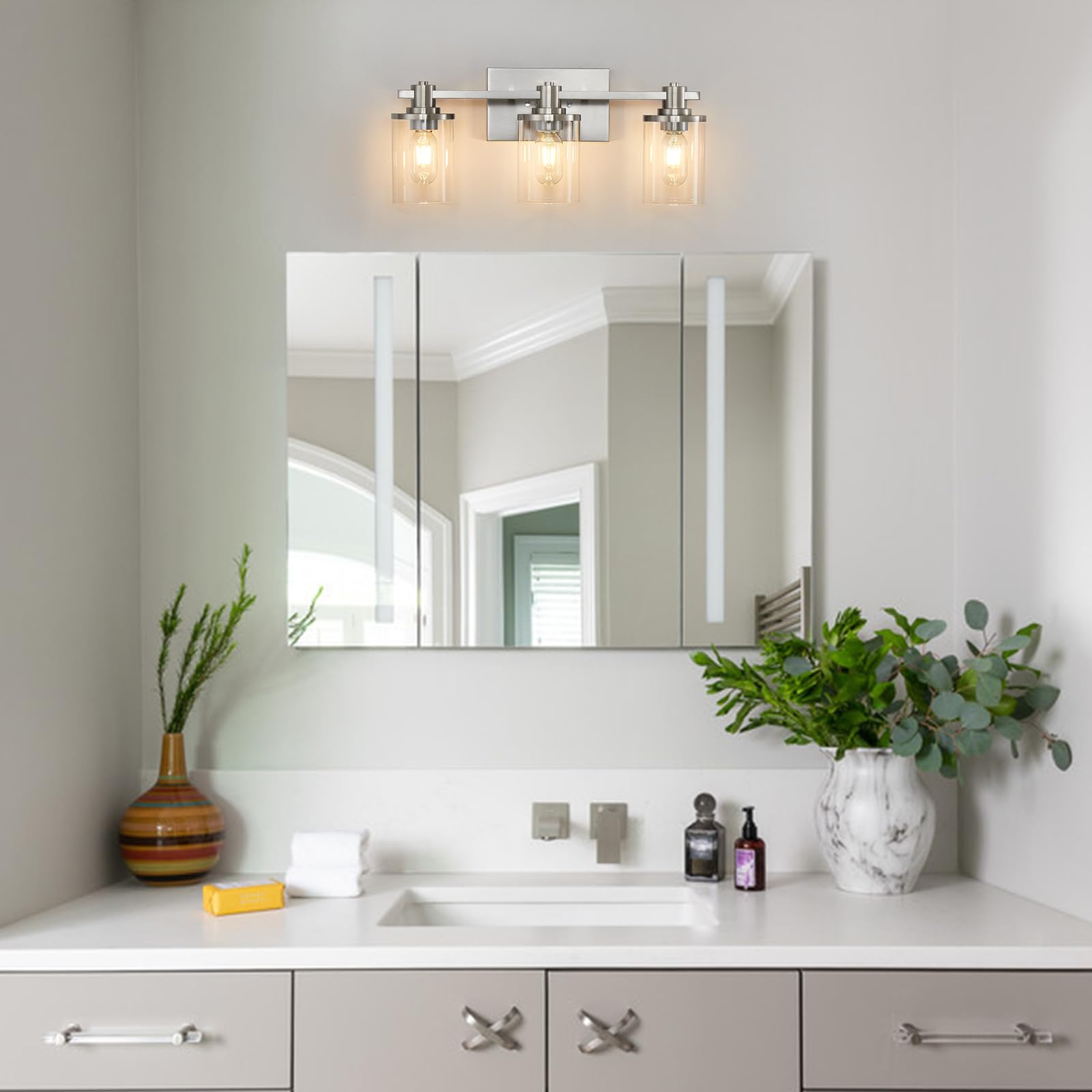 DADUL 3-Light Brushed Nickel Bathroom Vanity Light Fixture - Modern Wall Sconce with Clear Glass Shade for Mirror Lighting - Perfect for Bathroom, Powder Room, and Dressing Area Makeup Vanity