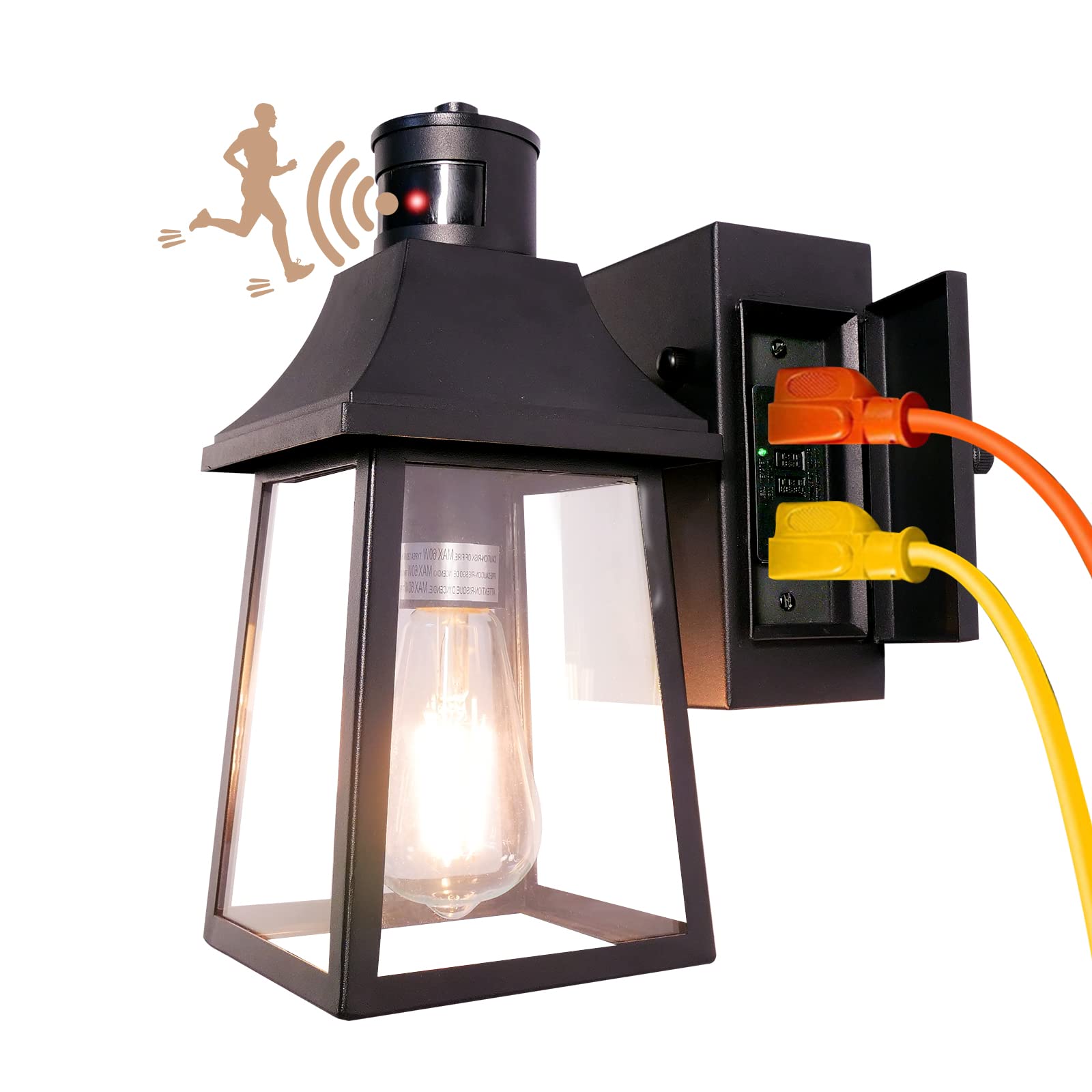 Motion Sensor Dusk to Dawn Outdoor Wall Light with 2 GFCI Outlets - Matte Black Vintage Porch Lantern for Garage, Patio & Exterior Walls | Weatherproof Security Lighting for Entryways & Driveways