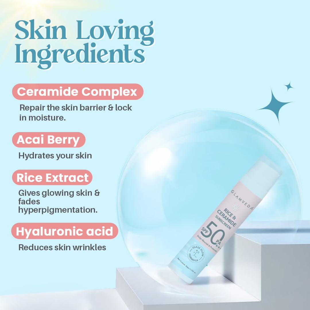Glamveda Rice & Ceramide Dewy Sunscreen SPF 50 PA+++ | Transparent Ultra Lightweight Gel Cream | No White Cast, Water & Sweat Proof | For Dry & Sensitive Skin | 50ml | Daily UV Protection for Face & Body | Perfect for Outdoor Activities, Beach & Travel