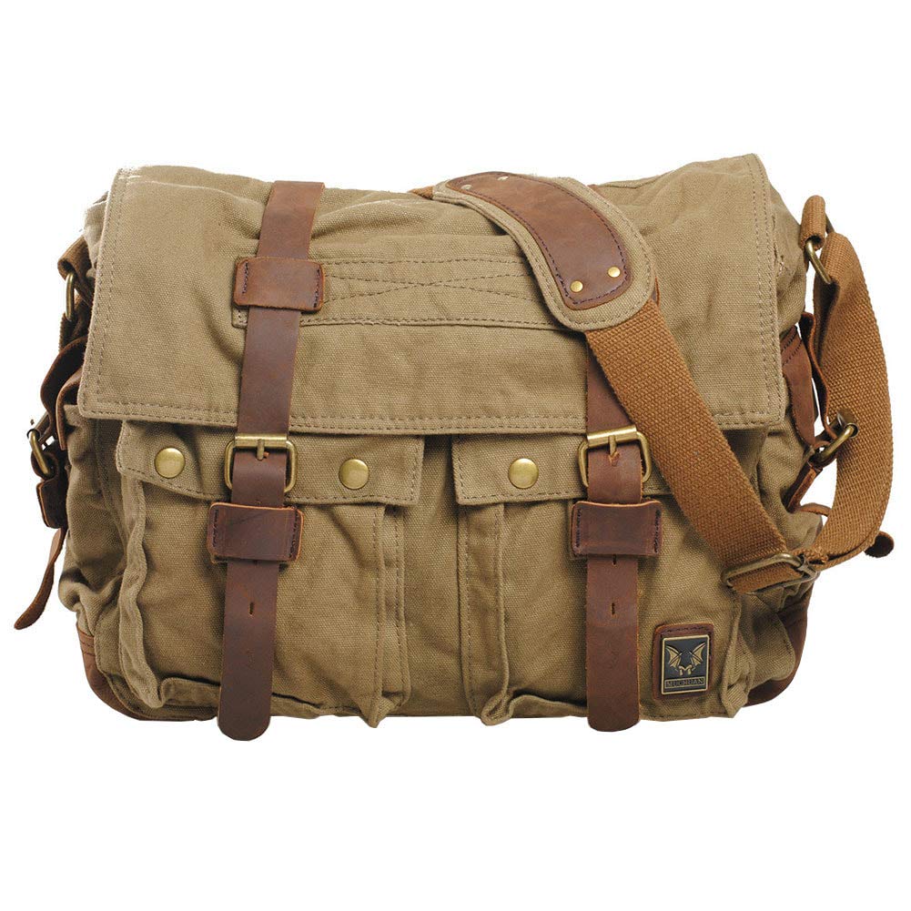 VRIKOO Vintage Military Satchel Messenger Bag - Soft Canvas Crossbody Shoulder Bag for Men & Women - Army Green X-Large - Perfect for Travel, Work & Outdoor Adventures