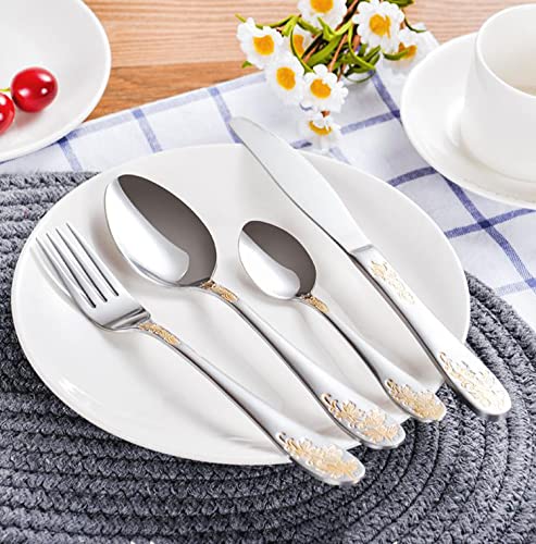 48-Piece Silverware Set, Gold Plated Stainless Steel Flatware Cutlery Set for 4 - Knives, Spoons & Forks with Floral Pattern Design, Mirror Polished & Dishwasher Safe - Perfect for Home, Party, Wedding & Restaurant Dining