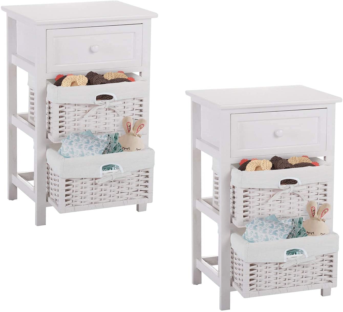 2-Tier Wooden Nightstand Set of 2 with Drawer & Storage Baskets - White Bedside Table for Small Spaces, Bedroom, Living Room | Compact End Table for Apartment, Dorm, Guest Room