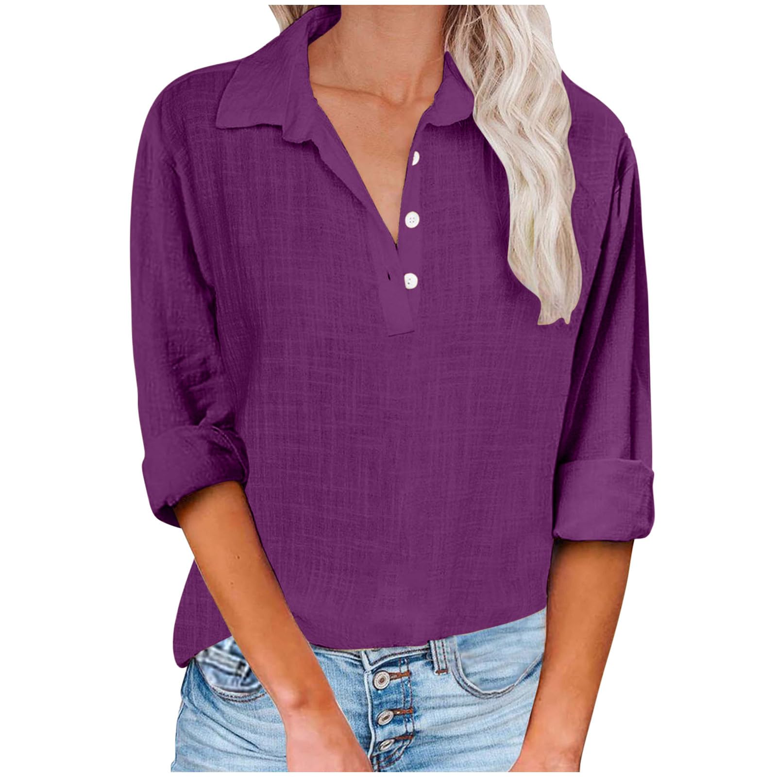 Trendy 2024 Women's Fall Cuff Sleeve Button Down Shirts - Collared V-Neck Loose Fit Blouses for Casual Wear & Going Out | Perfect for Office, Date Night & Weekend Outfits