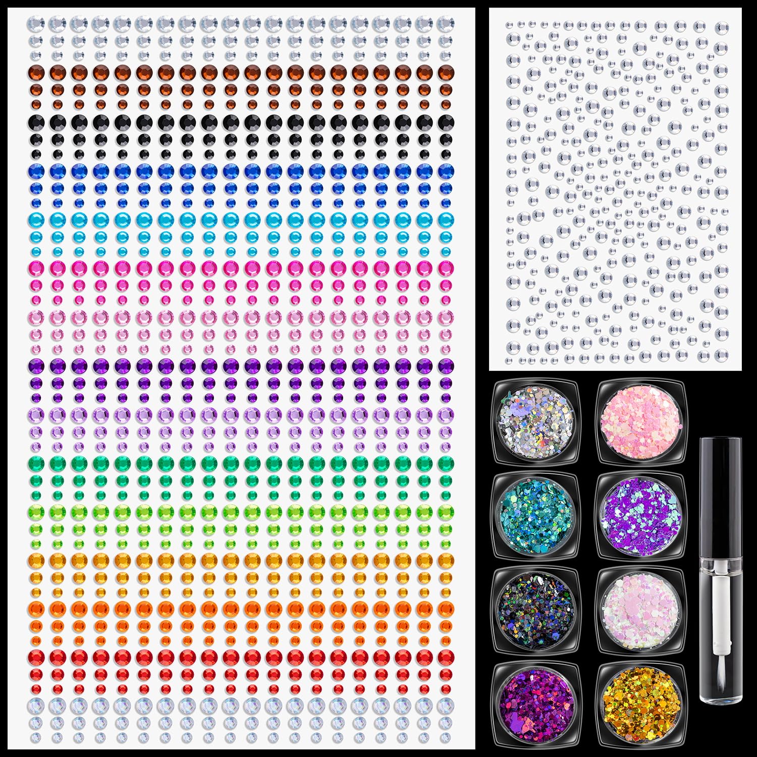 1225 Pcs Rainbow Face Gem Stickers & Chunky Glitter Set - 3-6mm Rhinestones with 8 Pots Glitter & Glue for Makeup, Nails, Hair, Body Art, DIY Crafts, Party Decorations | Perfect for Costumes, Festival Looks, and Creative Projects