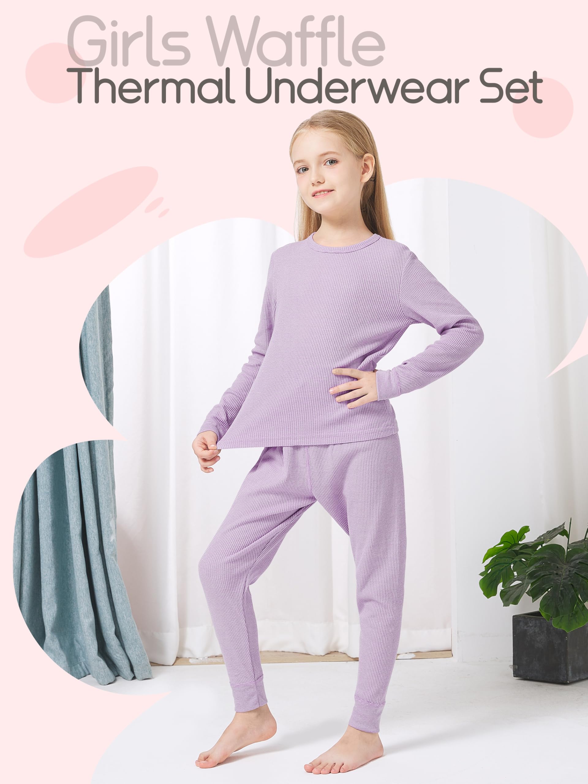 VZV Girls Kids Thermal Underwear Set - Cotton Waffle Long Johns Base Layer for Cold Weather | Warm Winter Pajamas & Layering Outfits for Outdoor Activities