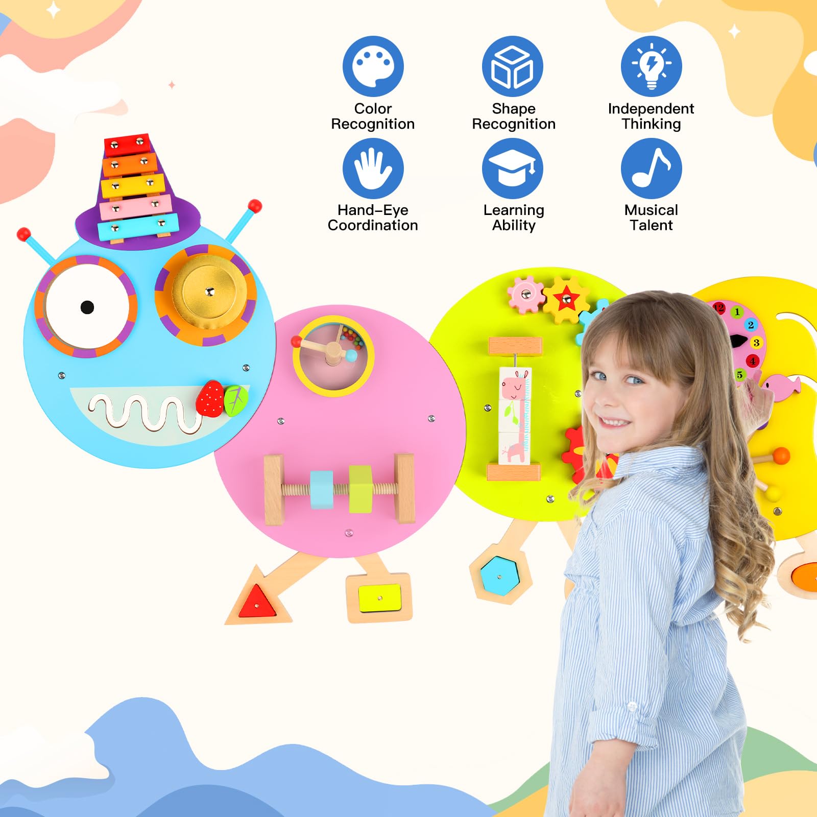 Caterpillar Sensory Wall Toy for Toddlers - 12-Activity Montessori Busy Board, Wall-Mounted Educational Toy for Daycares & Bedrooms - Perfect for Sensory Play & Early Learning