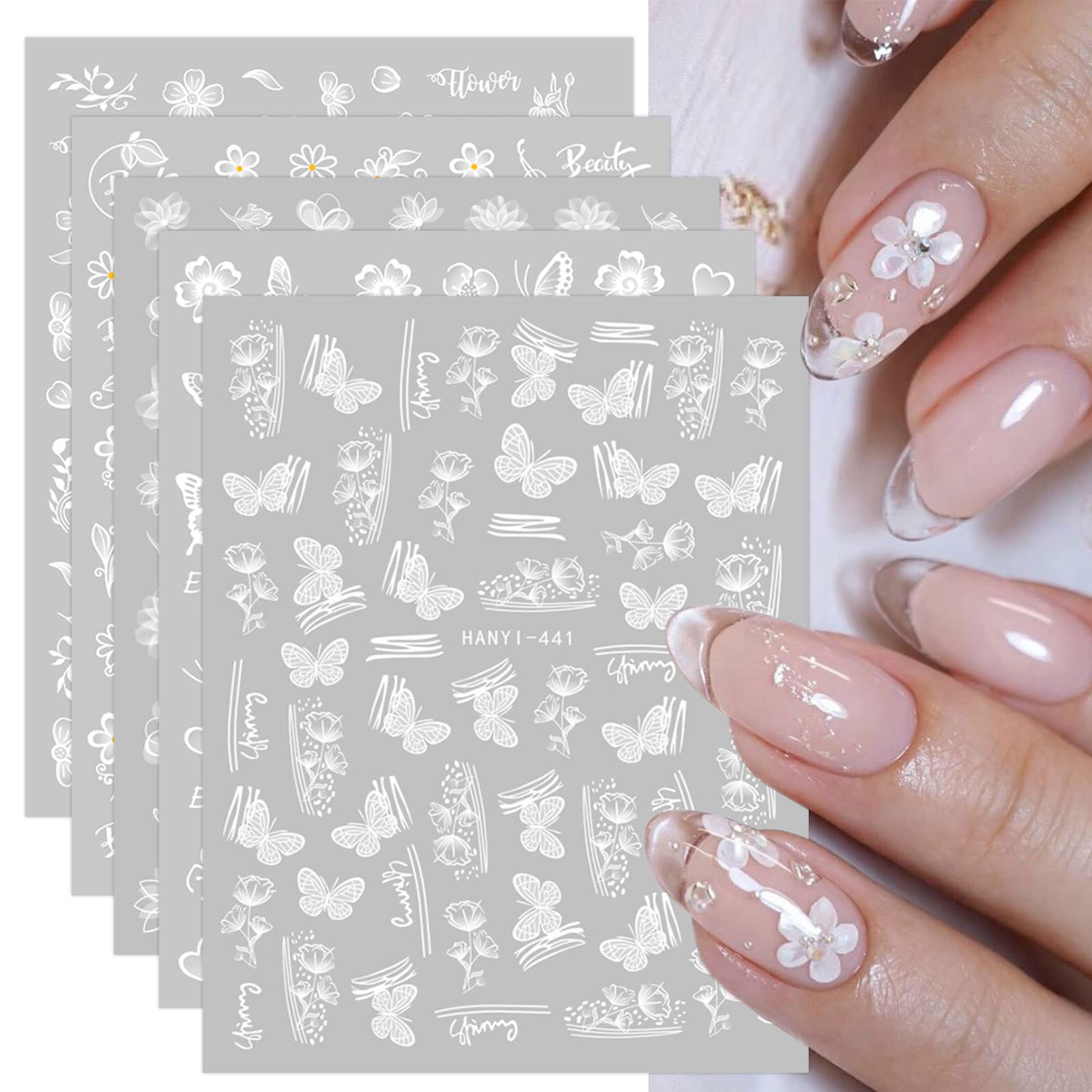 JMEOWIO 12 Sheets Spring White Flower Nail Stickers - Self-Adhesive Nail Art Decals with Butterfly & Leaf Designs - Floral Nail Supplies for DIY Manicure & Nail Decoration - Perfect for Summer, Bridal, Party & Salon Use