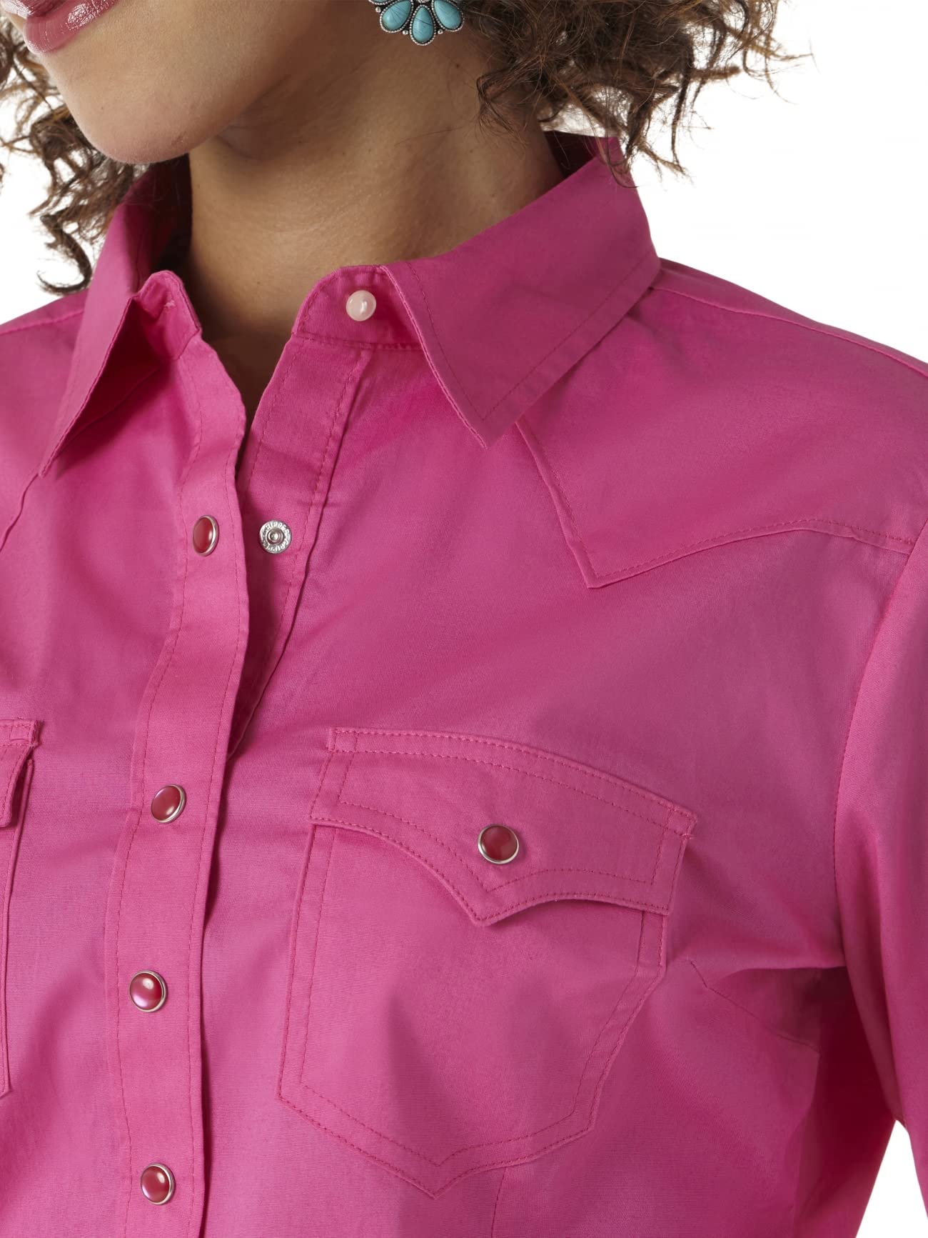 Wrangler Women's Western Two Pocket Snap Shirt | Classic Denim Button-Up Top for Cowgirl Style | Perfect for Rodeo, Ranch Work & Country Outings