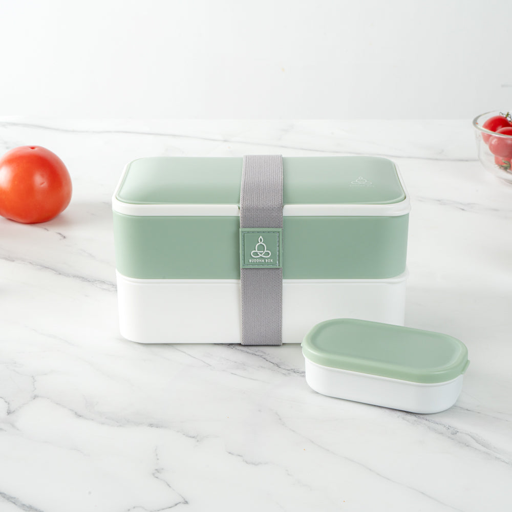 Bento Tek 41 oz Eco-Friendly Buddha Lunch Box Set with Utensils & Sauce Container | Reusable Green & White Meal Prep Container (7.25