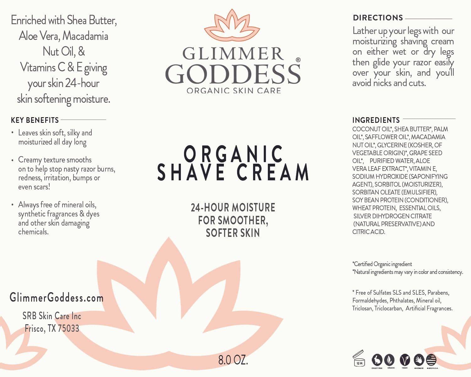 Organic Shave Cream with Aloe, Coconut Oil & Shea Butter - Lavender Lemon Scent, 8 oz | Glimmer Goddess | Moisturizing & Soothing for Women's Sensitive Skin | Perfect for Shaving Legs, Underarms & Bikini Area