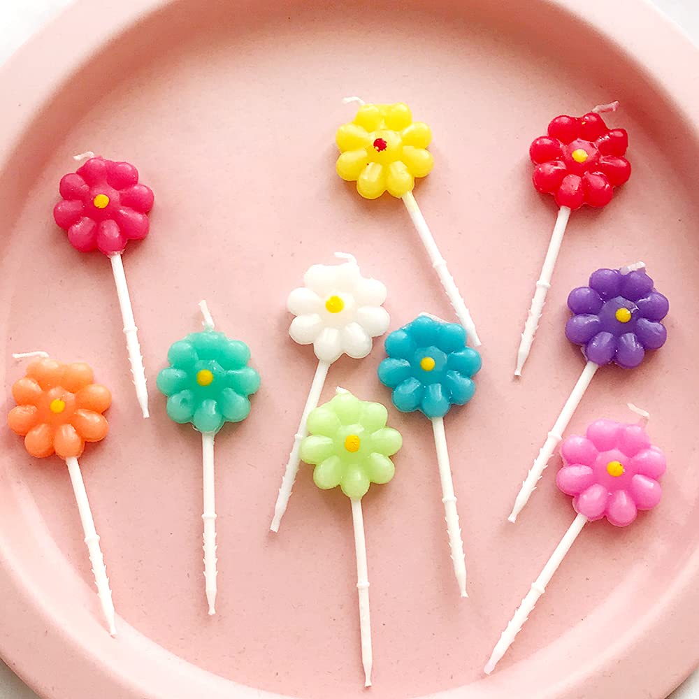 Flower Cake Candles - 10 Pack Floral Shaped Birthday Cake Topper Decorations for Wedding, Baby Shower & Party Celebrations