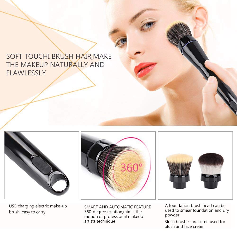 Electric Make Up Brush Set - Automatic Rotating Foundation & Blush Brush with 2 Replaceable Heads - Perfect for Flawless Makeup Application at Home or On-the-Go