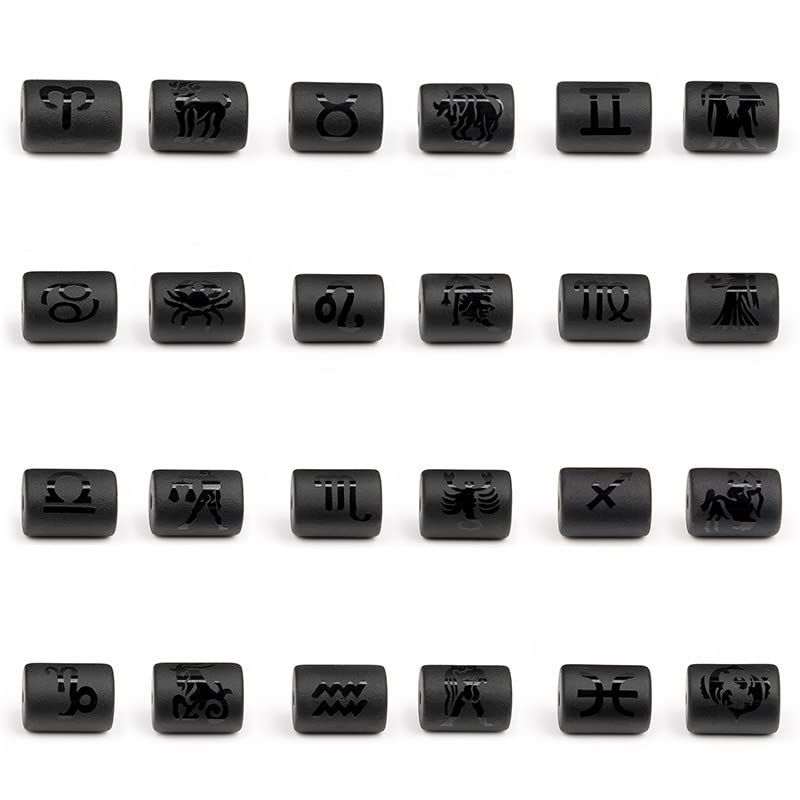 12-Piece Black Onyx Zodiac Charm Beads Set - DIY Jewelry Making for Bracelets, Necklaces & Accessories - Perfect for Birthdays, Gifts & Astrology Lovers (12mm Cylinder Beads, All 12 Zodiac Signs Included)
