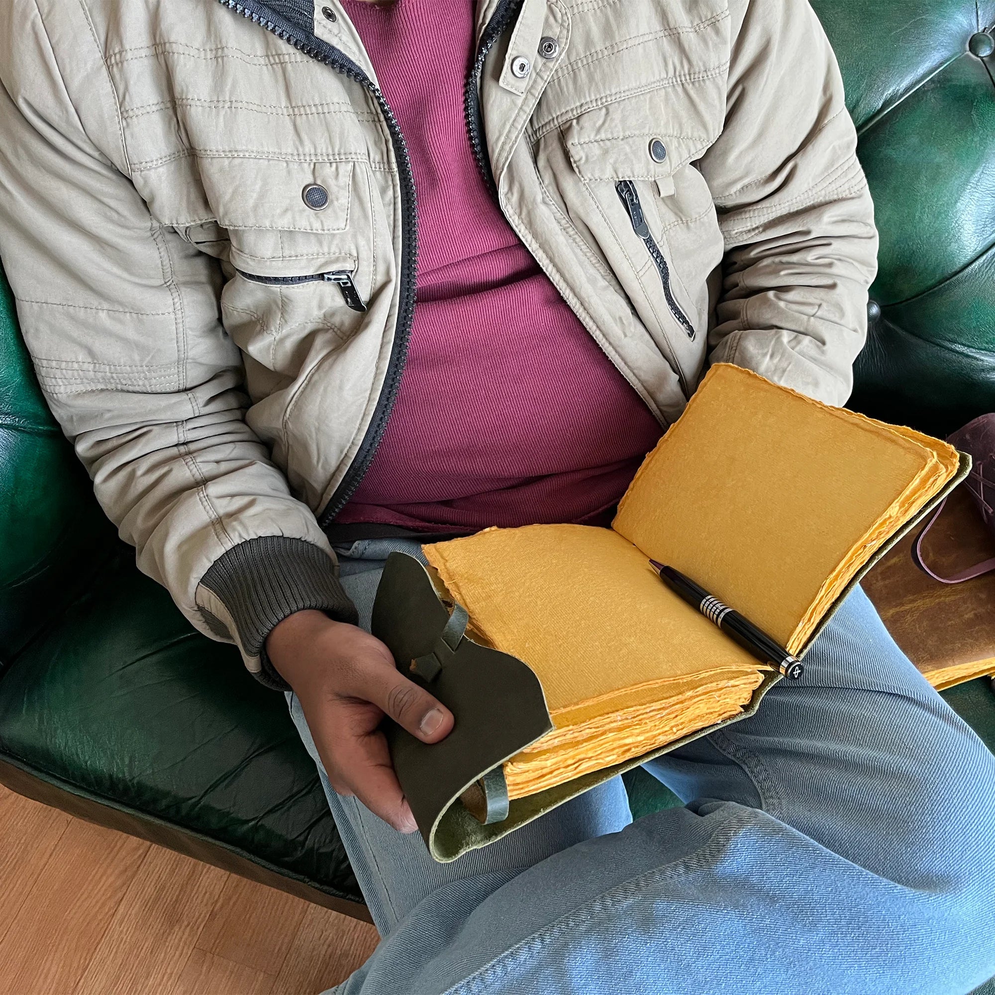 Handmade A5 Leather Bound Journal with Antique Deckle Edge Paper - Olive Green - Perfect for Writing, Sketching & Gift Giving
