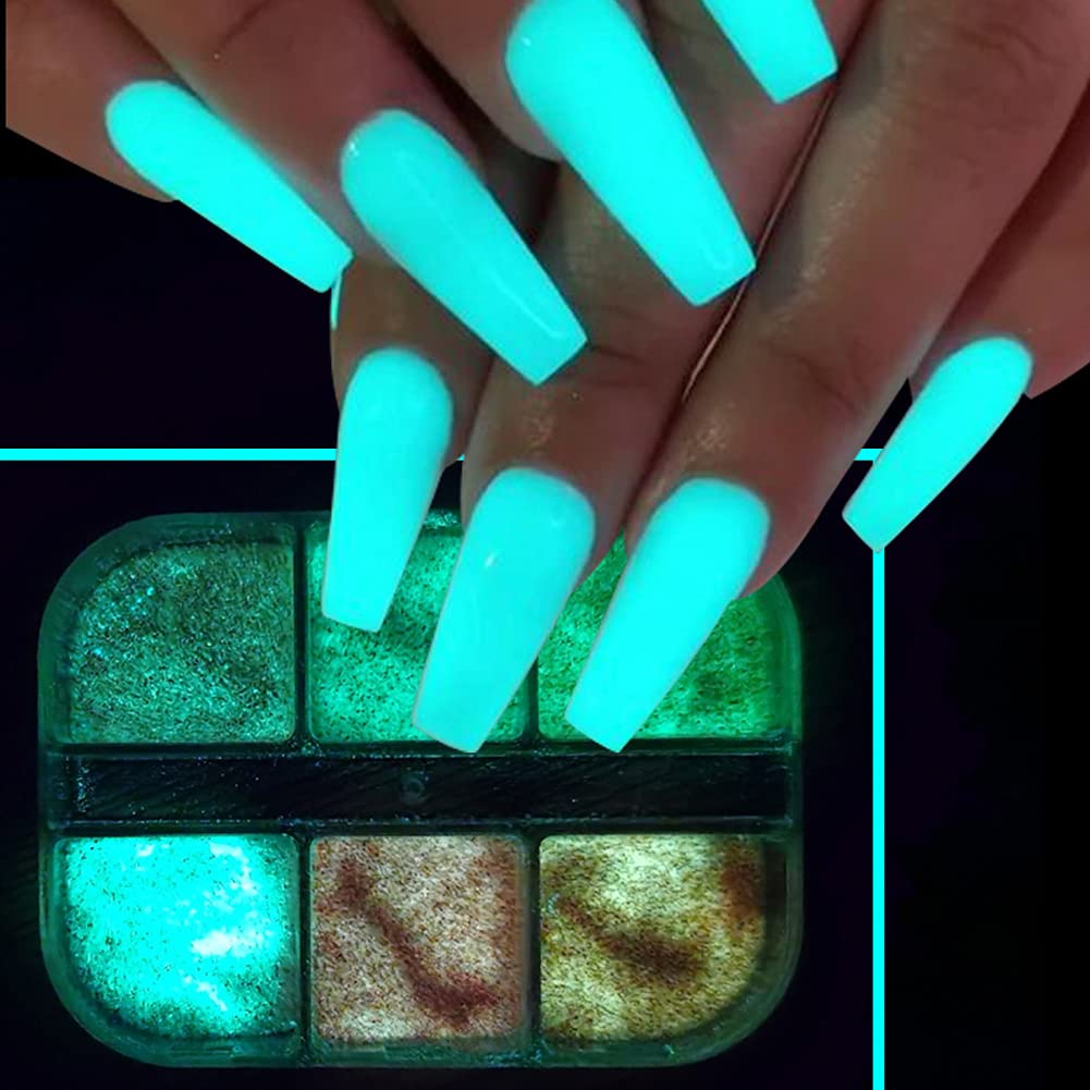 Holographic Luminous Glitter Nail Powder Set - 6 Grid Fluorescent Pigments for Nail Art, Manicure & Decoration | Mermaid Sparkle Dust for Professional & DIY Nail Designs - Perfect for Parties, Salons & Special Occasions