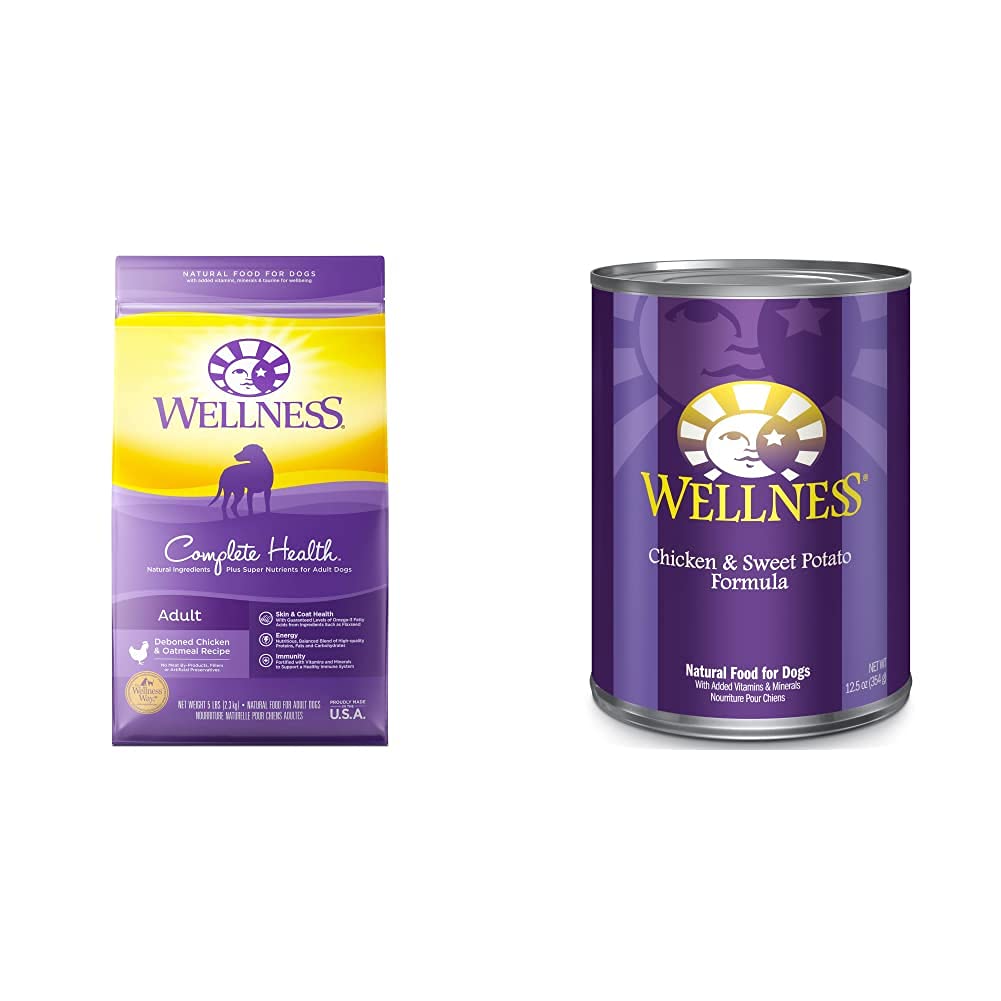 Wellness Complete Health Natural Dry & Wet Dog Food Bundle - Grain-Inclusive Dry Dog Food with Chicken & Oatmeal (5 lb) + Chicken & Sweet Potato Canned Wet Food (12.5 oz, 12-Pack) - Perfect for Adult Dogs' Daily Nutrition & Meal Variety