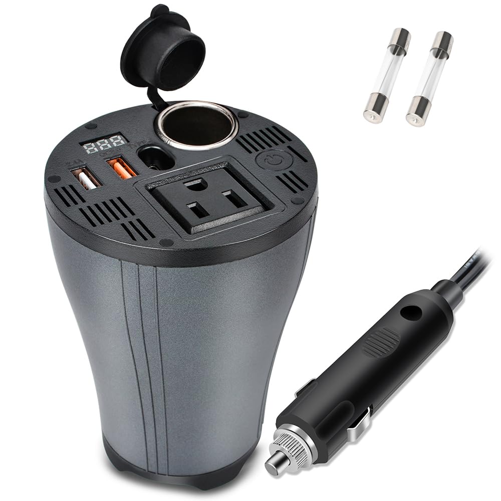 150W Car Power Inverter DC 14V to 110V AC Converter with Dual USB Quick Charge 3.0 & AC Outlets - Cup Holder Design for Tesla & 12V Vehicles - Type C LED Display & Cigarette Lighter - Perfect for Road Trips, Camping & Charging Laptops/Phones in Car
