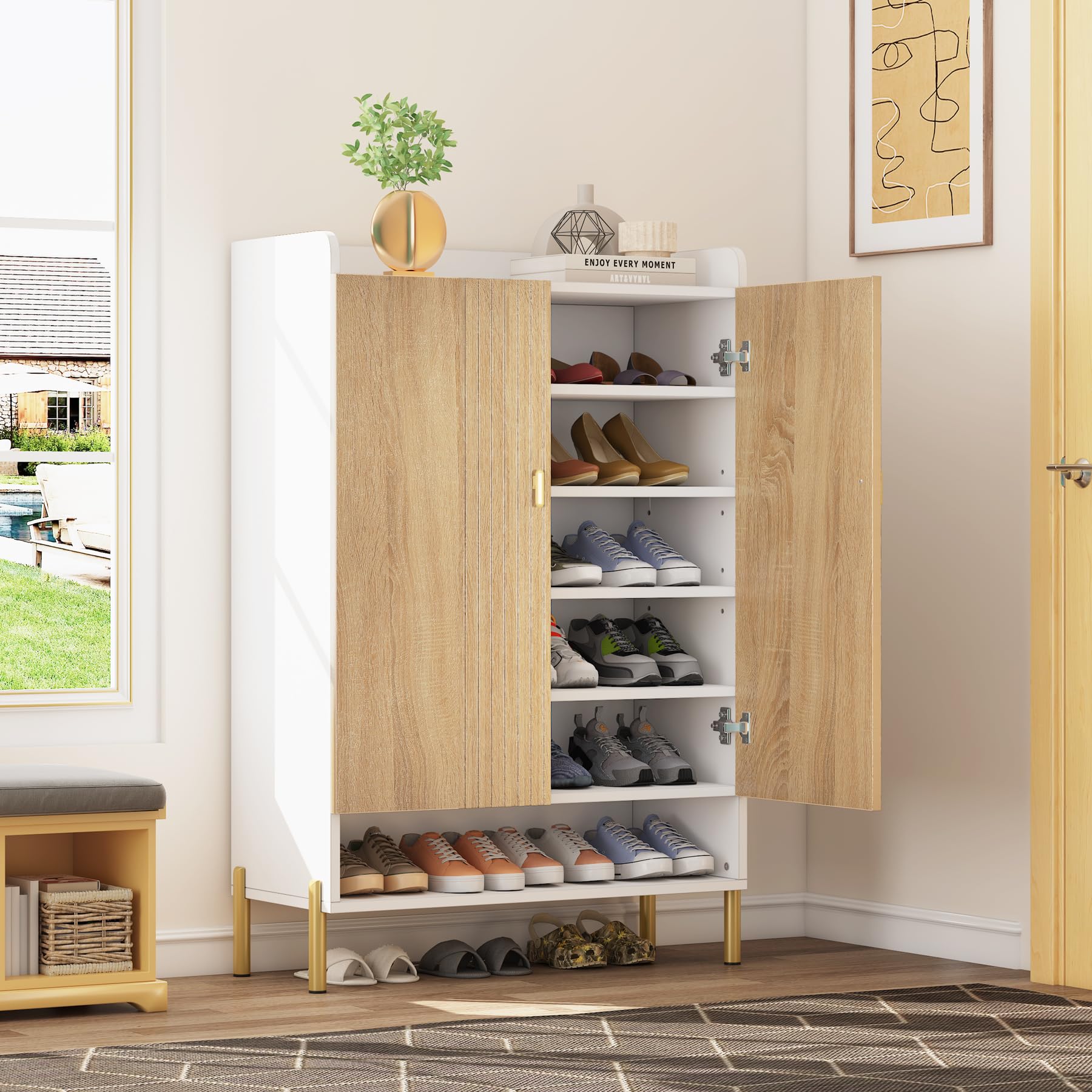 Tribesigns 6-Tier Shoe Storage Cabinet - Adjustable Shelves Freestanding Wooden Shoe Organizer with Doors for Entryway, Hallway, Living Room (White & Wood) - Perfect for Small Spaces, Apartment Entry Storage & Closet Organization