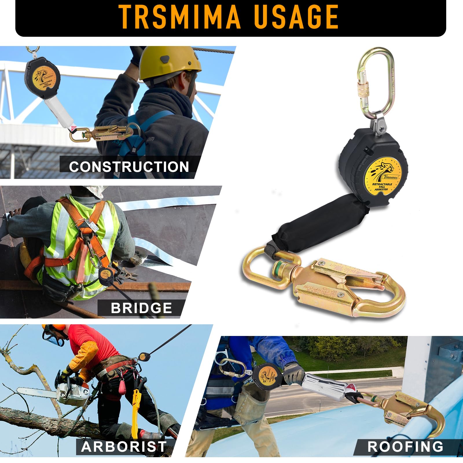 TRSMIMA 6FT Self-Retracting Safety Lanyard - ANSI OSHA Class B Fall Arrest System for Roofing & Construction | Heavy Duty Fall Protection Equipment for Workers at Heights