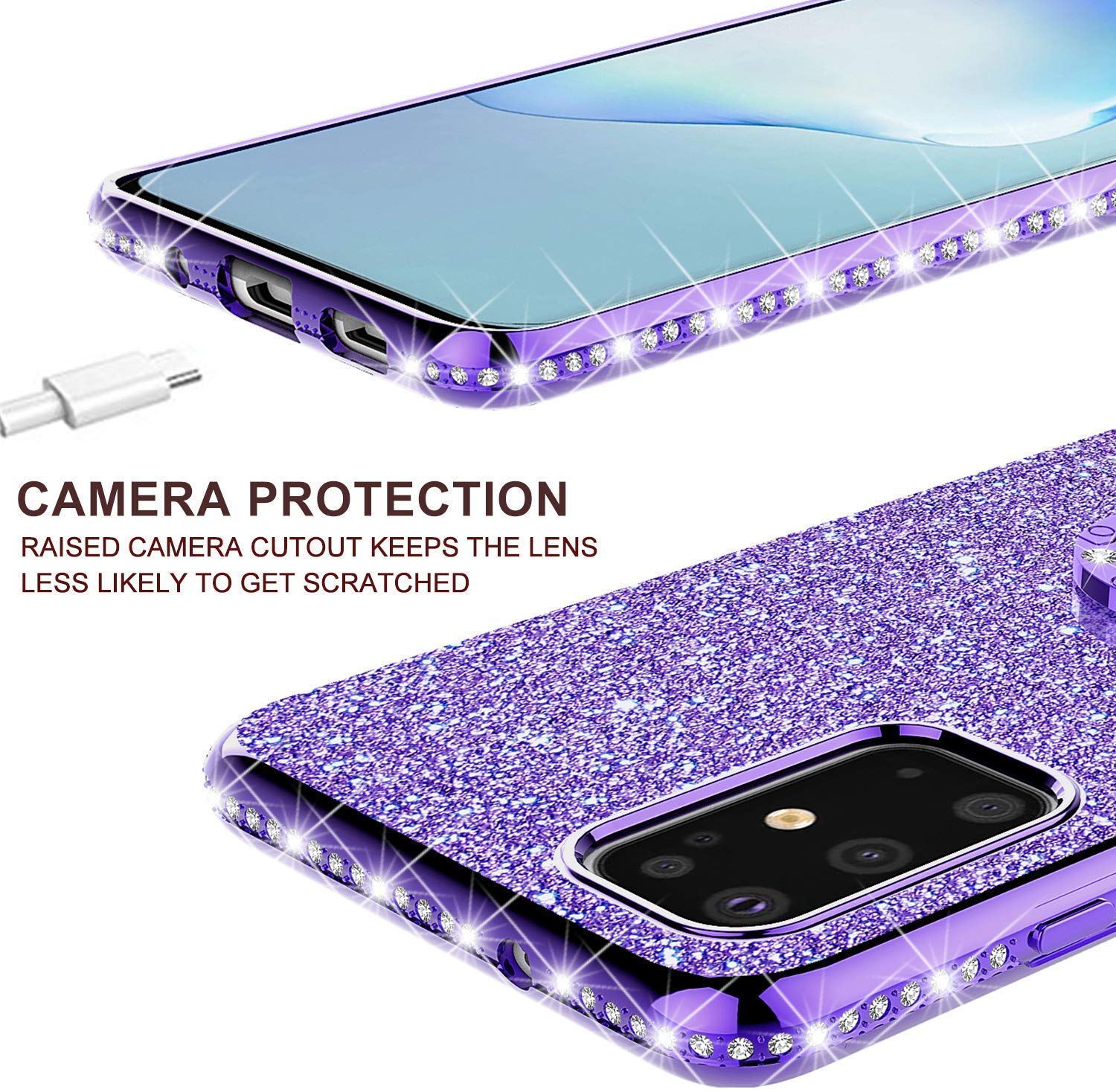 Samsung Galaxy S20 Ultra Case - SOGA Glitter Diamond Rhinestone TPU Phone Cover with Ring Stand & Lanyard for Women (Purple) | Protective Shockproof Case for Everyday Use, Work & Travel