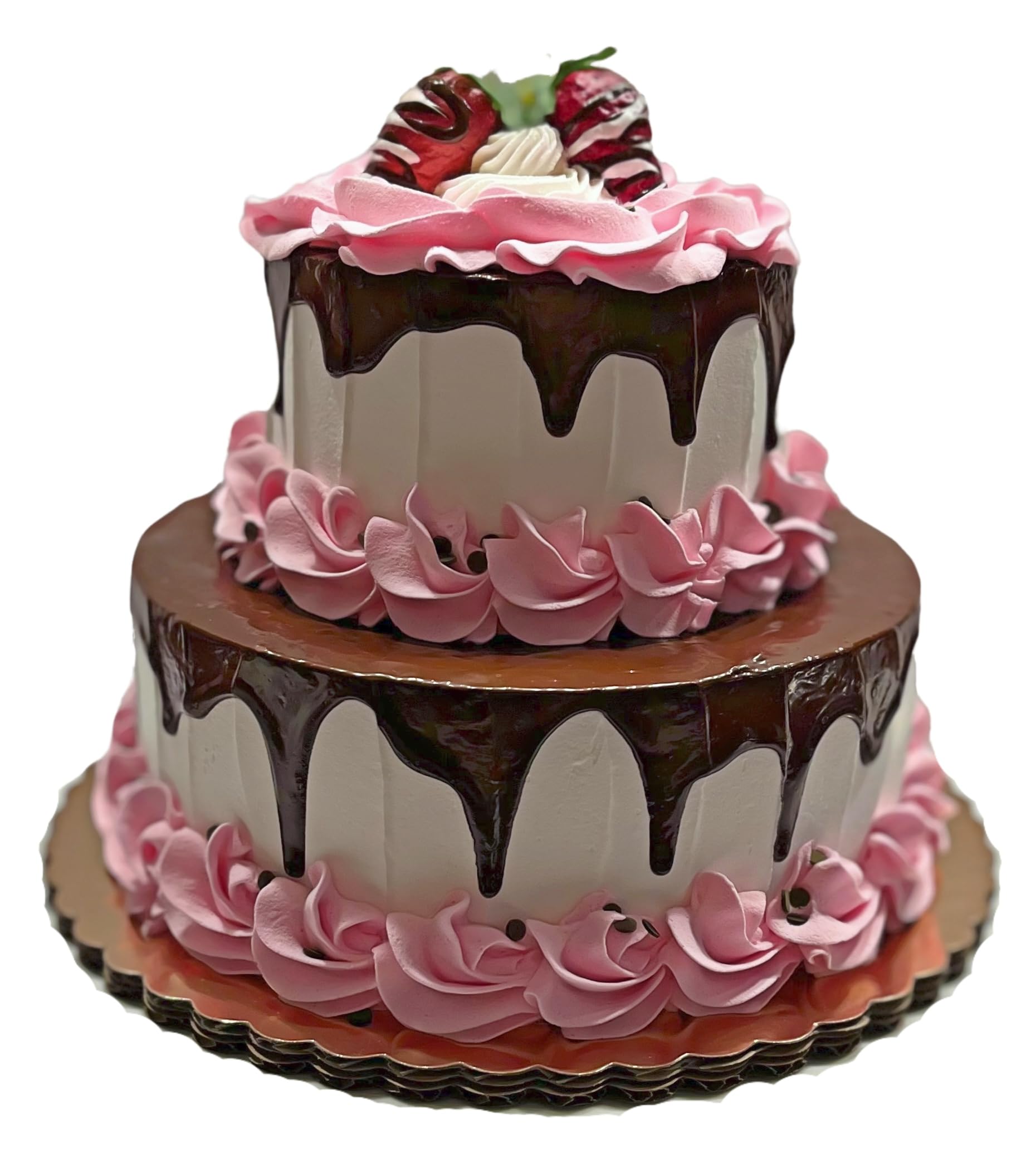 2-Tier Pink Valentine Fake Cake with Chocolate Drizzle - Handmade Artificial Decorative Cake by Dezicakes - Perfect for Wedding Centerpieces, Party Decorations & Photo Props