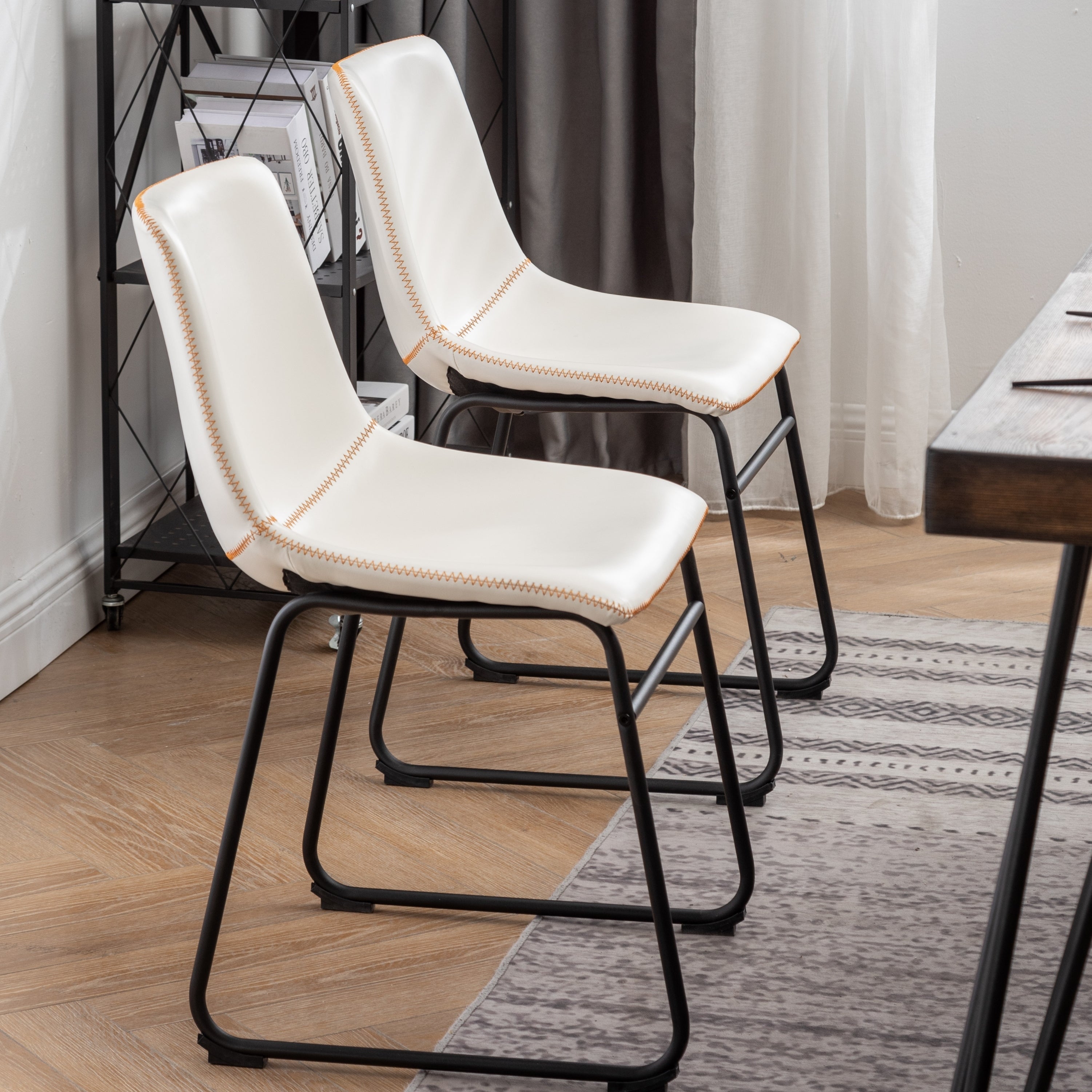 Roundhill Furniture Aryven 7-Piece Industrial Dining Set - Rustic Dark Pine Table & 6 Antique White Faux Leather Chairs for Kitchen, Dining Room, Restaurant or Cafe