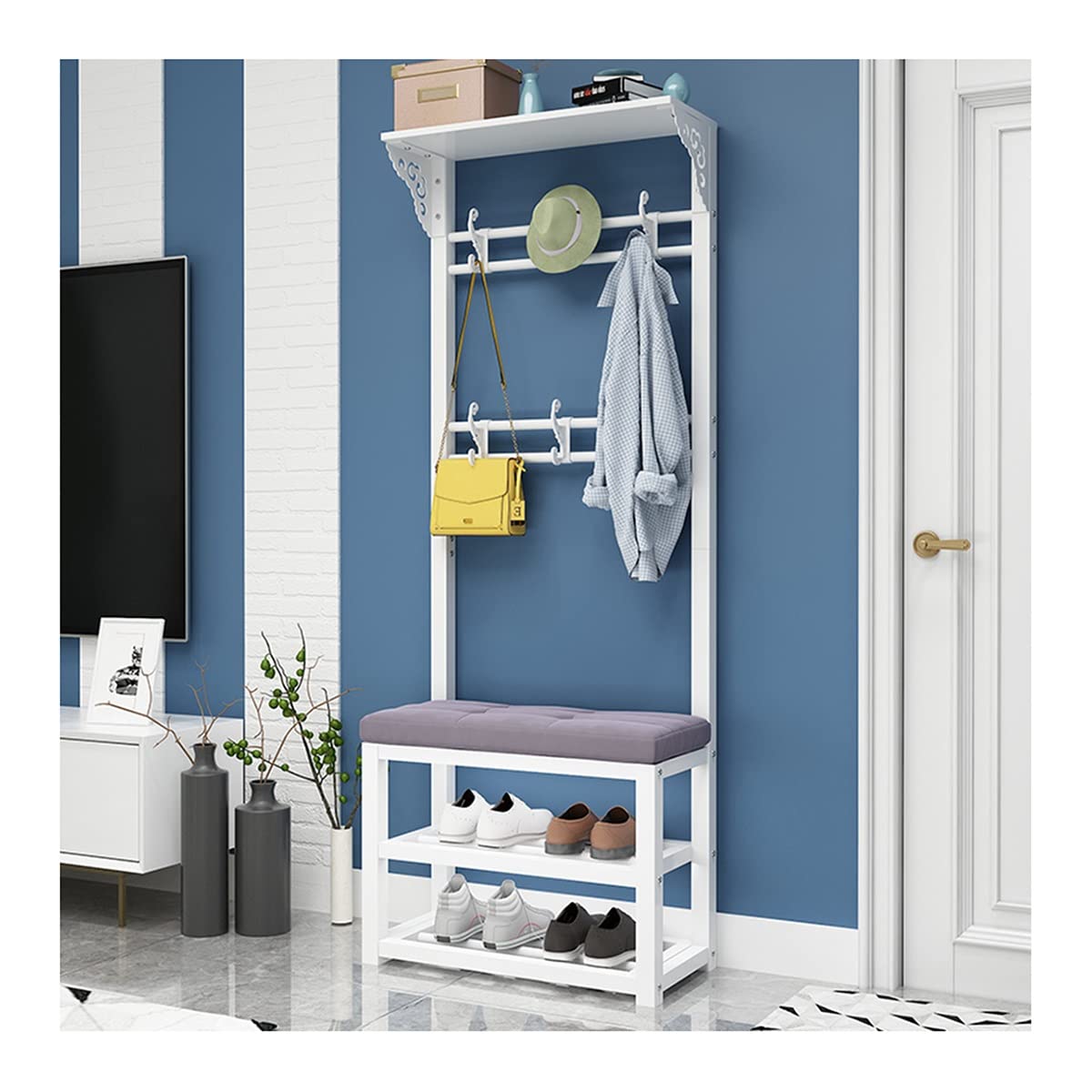 Industrial Coat Rack & Shoe Bench with Storage Shelf - 4-in-1 Entryway Hall Tree with Hooks & Metal Frame (60x30x172cm, White Gray) - Perfect for Small Spaces, Apartments & Mudroom Organization - Easy Assembly & Space-Saving Design