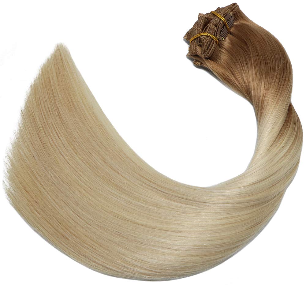 Aison 22 Inch Clip-in Human Hair Extensions - 7pcs 120g Golden Brown to Platinum Blonde Ombre Straight Wefts for Long Thick Hair | Perfect for Parties, Weddings & Daily Styling