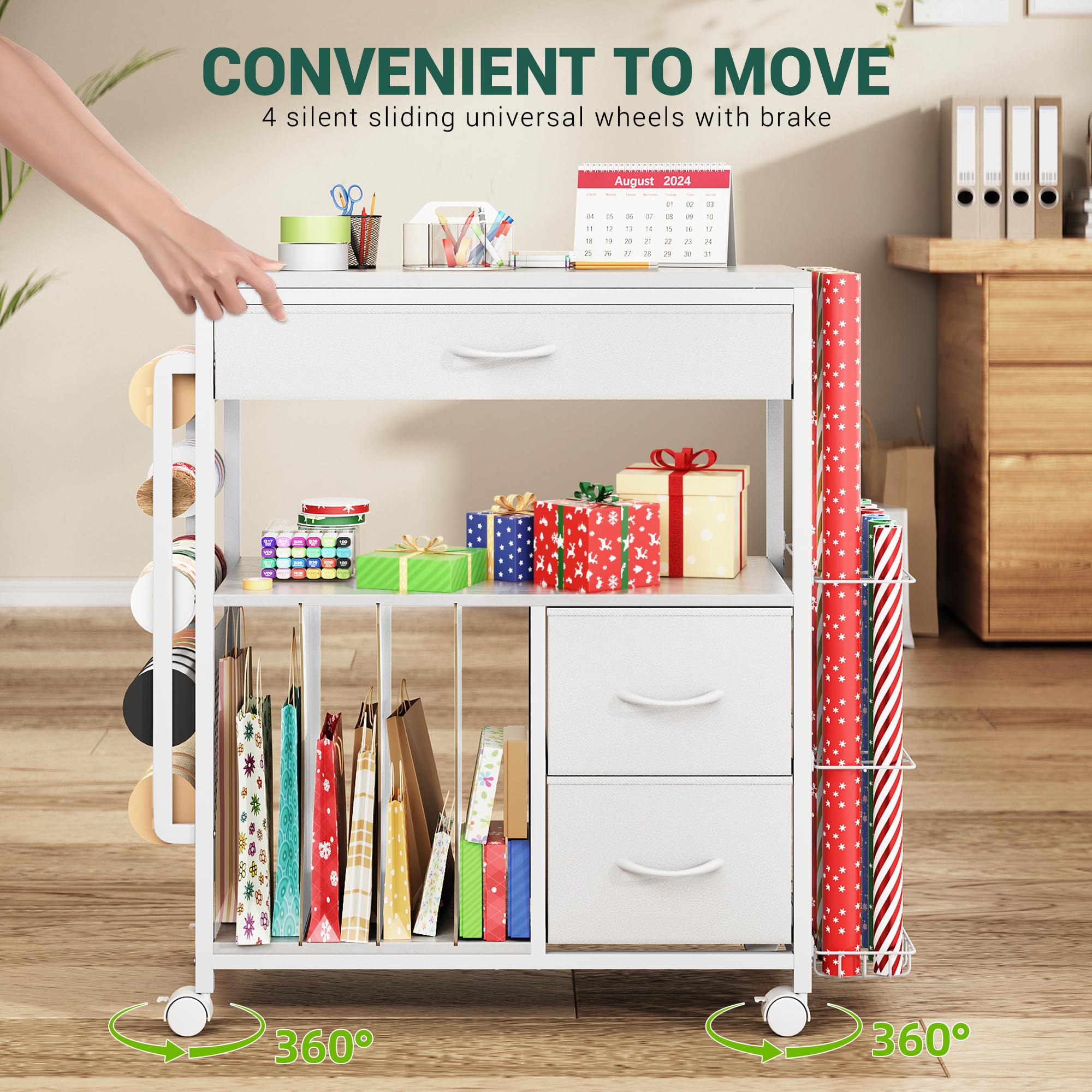 PUNLUXU Rolling Gift Wrap Storage Cart - Portable Wrapping Paper Organizer with Ribbon & Gift Bag Holder, Craft Storage Station for Home & Office (Patent Protected) - Perfect for Holiday Wrapping, Birthday Gifts & DIY Craft Organization