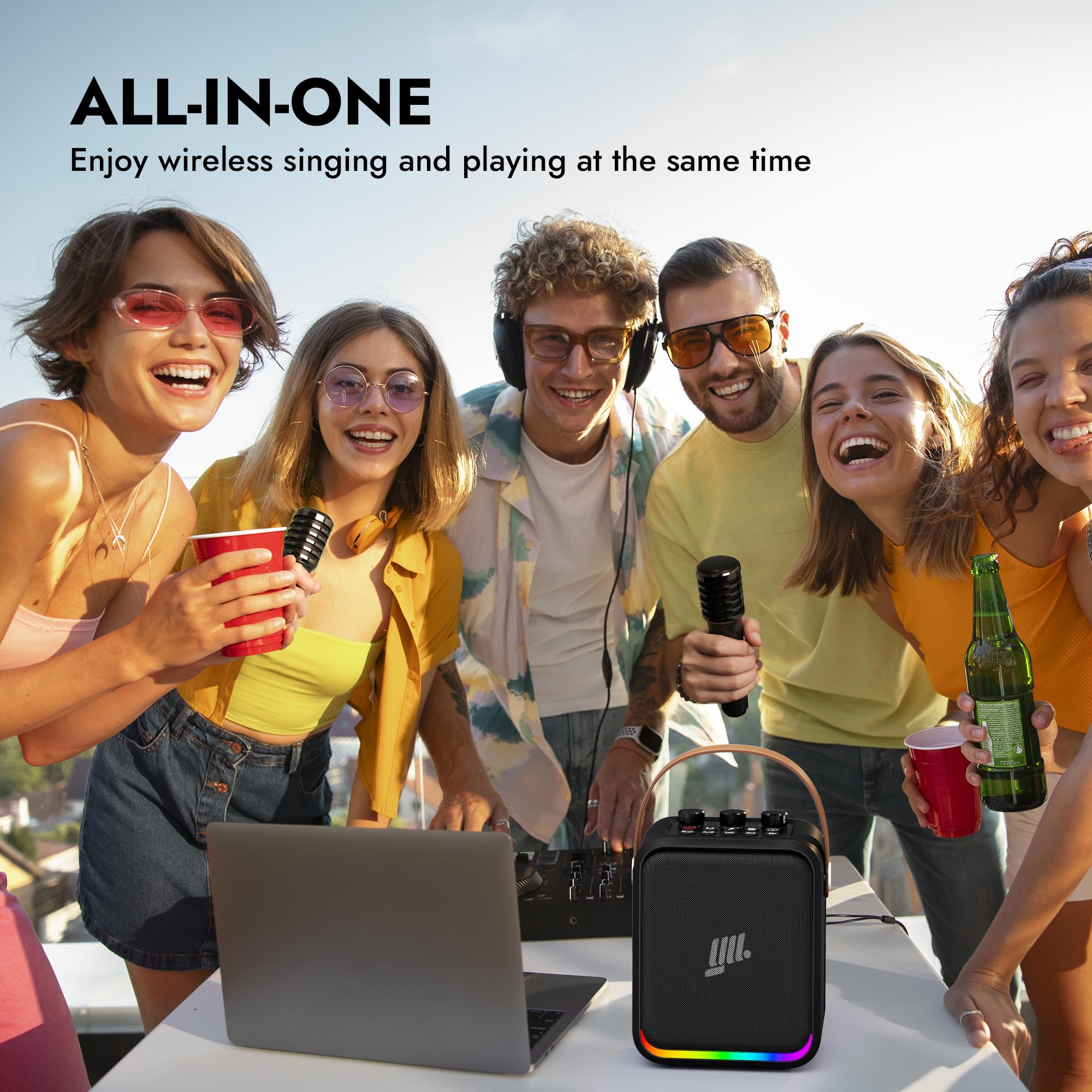 YLL Portable Bluetooth Karaoke Machine - 60W Powerful Wireless Speaker with 2 Microphones for Adults & Kids, Lightweight Karaoke System with Shoulder Strap - Perfect for Home Parties, Outdoor Gatherings & Family Singing Fun