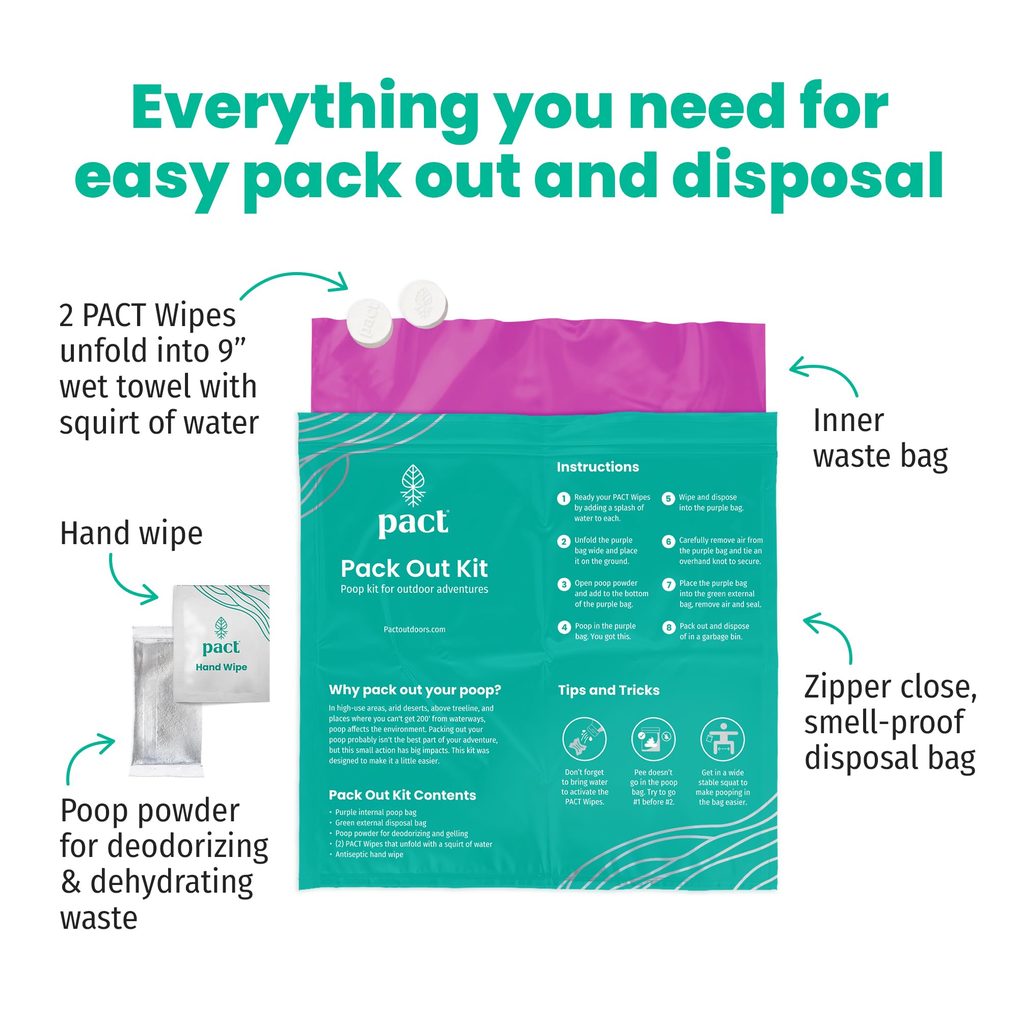 **PACT Pack Out Kit - Portable Camping Toilet Kit with Wet Wipes, Odor-Proof Disposal Bags, Hand Wipes & Waste Powder | Ideal for Camping, Hiking, Backpacking & Outdoor Adventures**