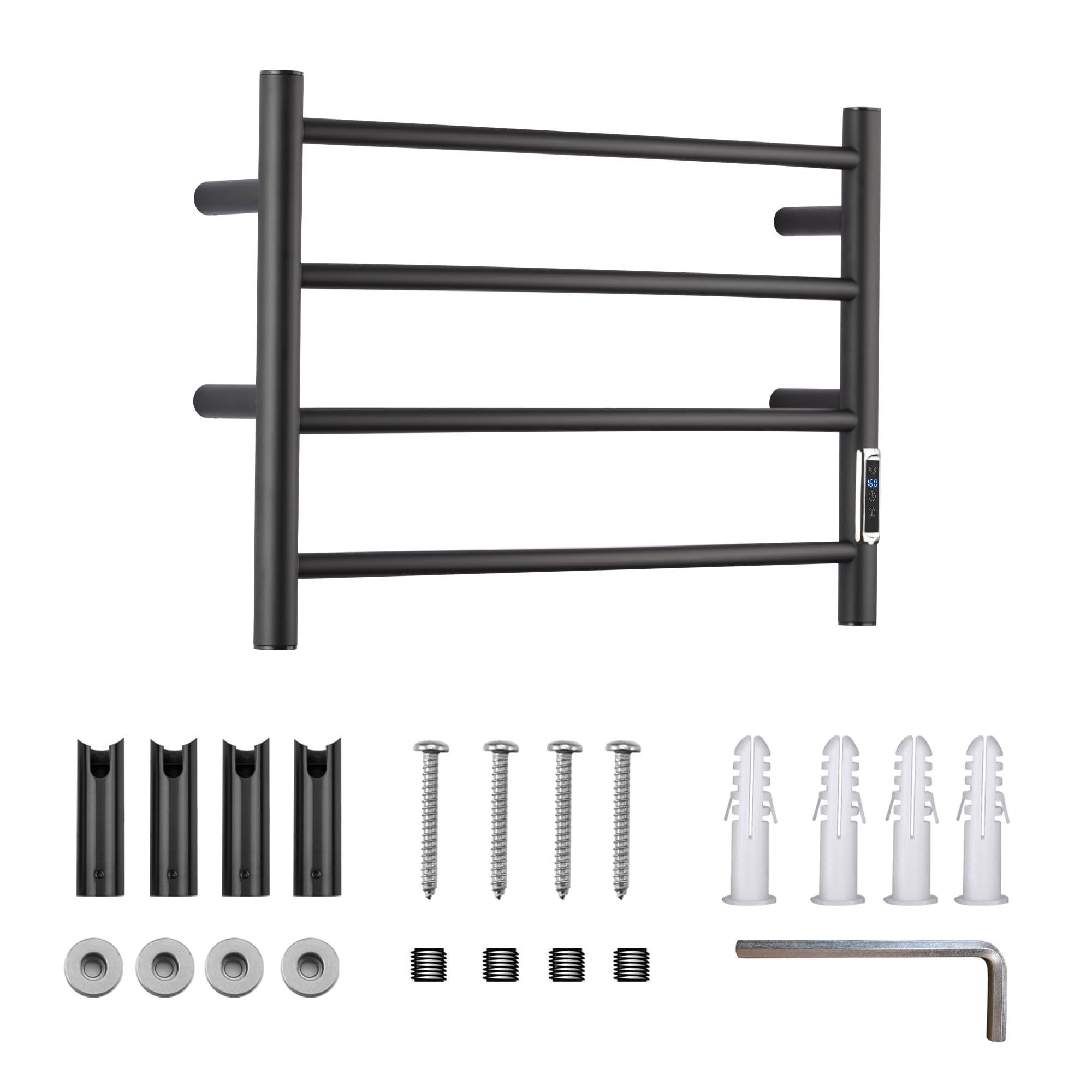 Electric Heated Towel Rack for Bathroom - 4 Bar Stainless Steel Wall Mounted Towel Warmer with Timer & Temperature Control - Matte Black - Perfect for Spa, Luxury Bathroom & Home Comfort