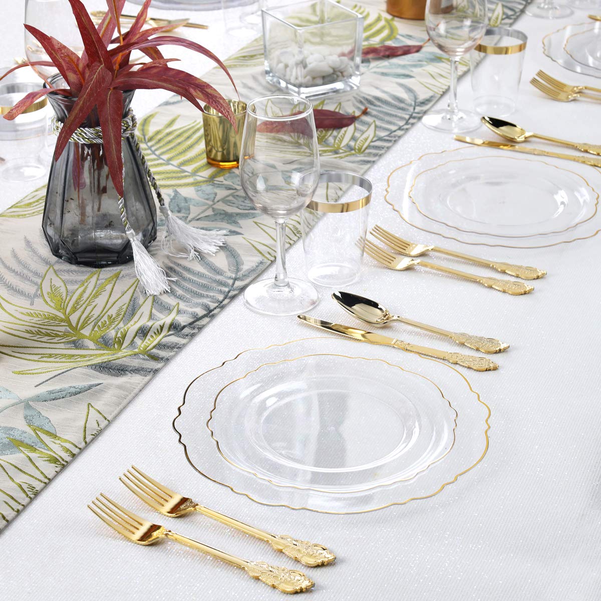 Premium 30-Piece Clear & Gold Plastic Dinnerware Set - Includes 30 Dinner Plates, Salad Plates, Forks, Knives, Spoons & Cups - Elegant Disposable Tableware for Weddings, Parties, Catering & Special Events