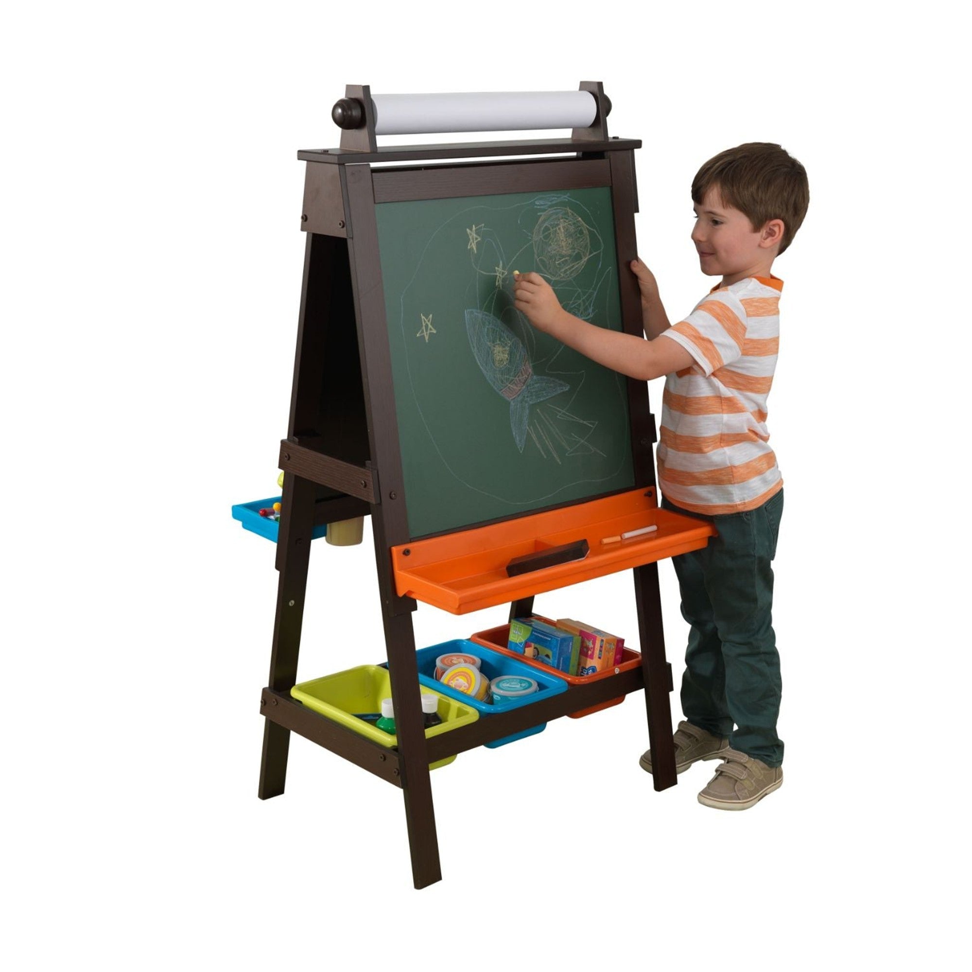 KidKraft Wooden Storage Easel with Chalkboard & Whiteboard - Espresso Finish - Kids Art Station for Drawing, Writing & Learning - Perfect for Playrooms, Classrooms & Home Schooling