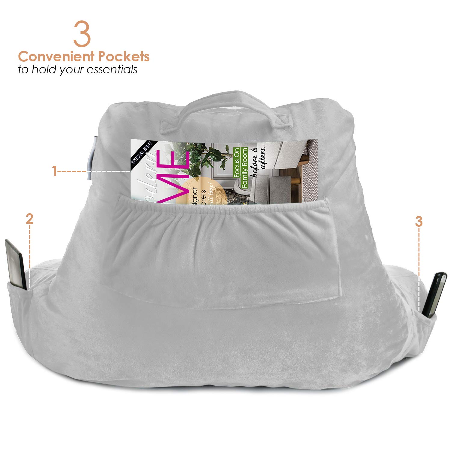 Nestl Reading Pillow with Shredded Memory Foam - Standard Bed & Back Support Pillow for Sitting in Bed, Reading, or Relaxing | Light Grey Chair Pillow with Pockets | Perfect for Bed Rest, Arm Support & Book Storage
