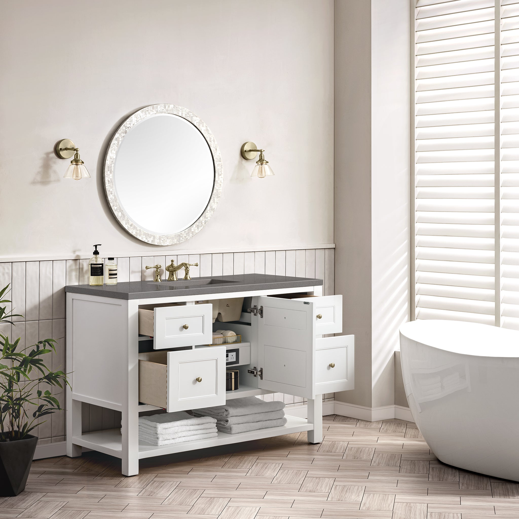 Breckenridge 48-Inch Single Bathroom Vanity Set with Bright White Finish & 3CM Gray Expo Top - Perfect for Modern Master Bathrooms & Guest Powder Rooms